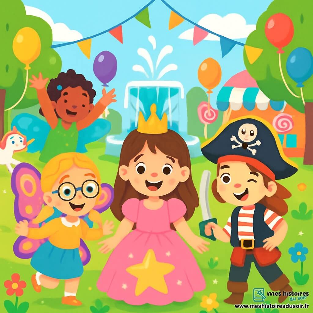 Il y a quatre enfants : Chloé, une fille de 7 ans avec de longs cheveux bruns, portant un costume de princesse rose ; Lila, une fille de 6 ans avec des cheveux blonds en tresses, déguisée en papillon ; Emma, une fille de 7 ans avec des cheveux châtains, habillée en pirate ; et Zoé, une fille de 6 ans avec des cheveux bouclés, déguisée en fée. Elles se trouvent dans un parc coloré avec des ballons, des guirlandes et une fontaine. Les quatre amies cherchent des étoiles magiques cachées, entourées de fleurs et d'animaux, avec des expressions de joie et d'excitation.