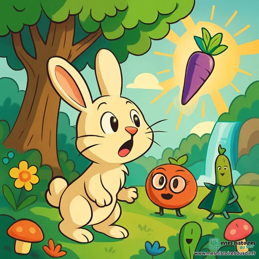 Un lapin curieux nommé Barnabé, au pelage crème et aux yeux pétillants, se tient au pied d'un grand arbre. Il observe avec émerveillement une carotte violette flottant dans les airs, illuminée par le soleil. À ses côtés, une tomate rouge avec des lunettes l'observe joyeusement, tandis qu'un haricot vert en cape, prêt à l'encourager, se tient en arrière. Ils se trouvent dans une clairière magique, entourée de fleurs colorées et d'une cascade scintillante, alors que Barnabé s'apprête à suivre la carotte vers une nouvelle aventure, soutenu par ses amis légumes.