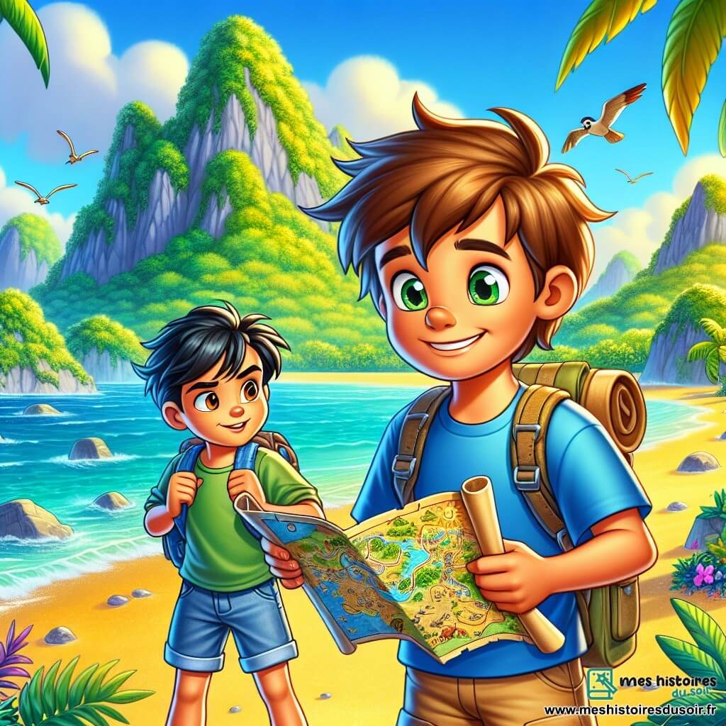 Tom, un garçon de 10 ans aux cheveux bruns en bataille et aux yeux curieux, se tient sur une plage dorée avec un sourire. Il porte un t-shirt bleu et un short kaki, avec un sac à dos d'exploration. À ses côtés, Kimo, également âgé de 10 ans, a les cheveux noirs et la peau bronzée, et observe une carte au trésor, concentré, vêtu d'un débardeur vert et de shorts en jean. En arrière-plan, l'île aux Mystères se dresse avec des palmiers et des montagnes verdoyantes. La mer scintille sous le soleil, et des oiseaux colorés volent dans le ciel. Tom et Kimo examinent la carte, prêts pour leur aventure au cœur de la beauté sauvage de l'île.