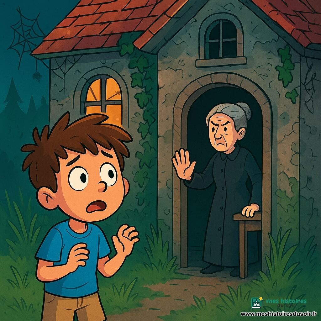 Un garçon de 8 ans nommé Hugo, avec des cheveux bruns en bataille et des yeux écarquillés de peur, se tient devant une vieille maison hantée. Il est en t-shirt bleu et short beige, ses mains tremblent légèrement alors qu'il observe la maison avec curiosité et appréhension. À l'intérieur, une vieille femme ridée, d'environ 70 ans, avec des cheveux gris en chignon et un long manteau noir, le regarde avec inquiétude, prête à l'avertir du danger. La maison abandonnée a des murs décrépits recouverts de lierre et des fenêtres brisées laissant passer une lumière blafarde. Des toiles d'araignées pendent et l'herbe est haute autour, créant une atmosphère mystérieuse. Hugo, hésitant, se tient devant la porte d'entrée, prêt à entrer, tandis que la vieille femme semble vouloir l'en dissuader.