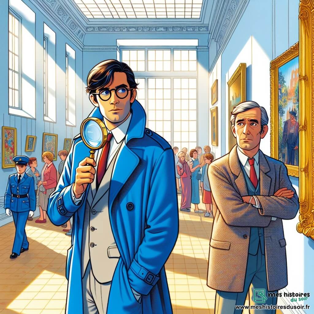 Un détective, Louis Dupont, est au centre de l'image, portant un trench-coat bleu vif et des lunettes rondes, scrutant un cadre doré vide avec une loupe. À côté de lui, Monsieur Martin, un homme d'âge moyen aux cheveux grisonnants et en veste de tweed, observe le tableau disparu, les bras croisés, affichant une expression de soulagement mêlée d'angoisse. En arrière-plan, une salle de musée lumineuse avec des murs blancs et de grandes fenêtres est remplie de visiteurs curieux et d'œuvres d'art colorées. Louis examine le cadre vide tandis que Monsieur Martin explique la situation, créant une atmosphère de mystère avec des morceaux de verre scintillants sur le sol et des visiteurs intrigués.