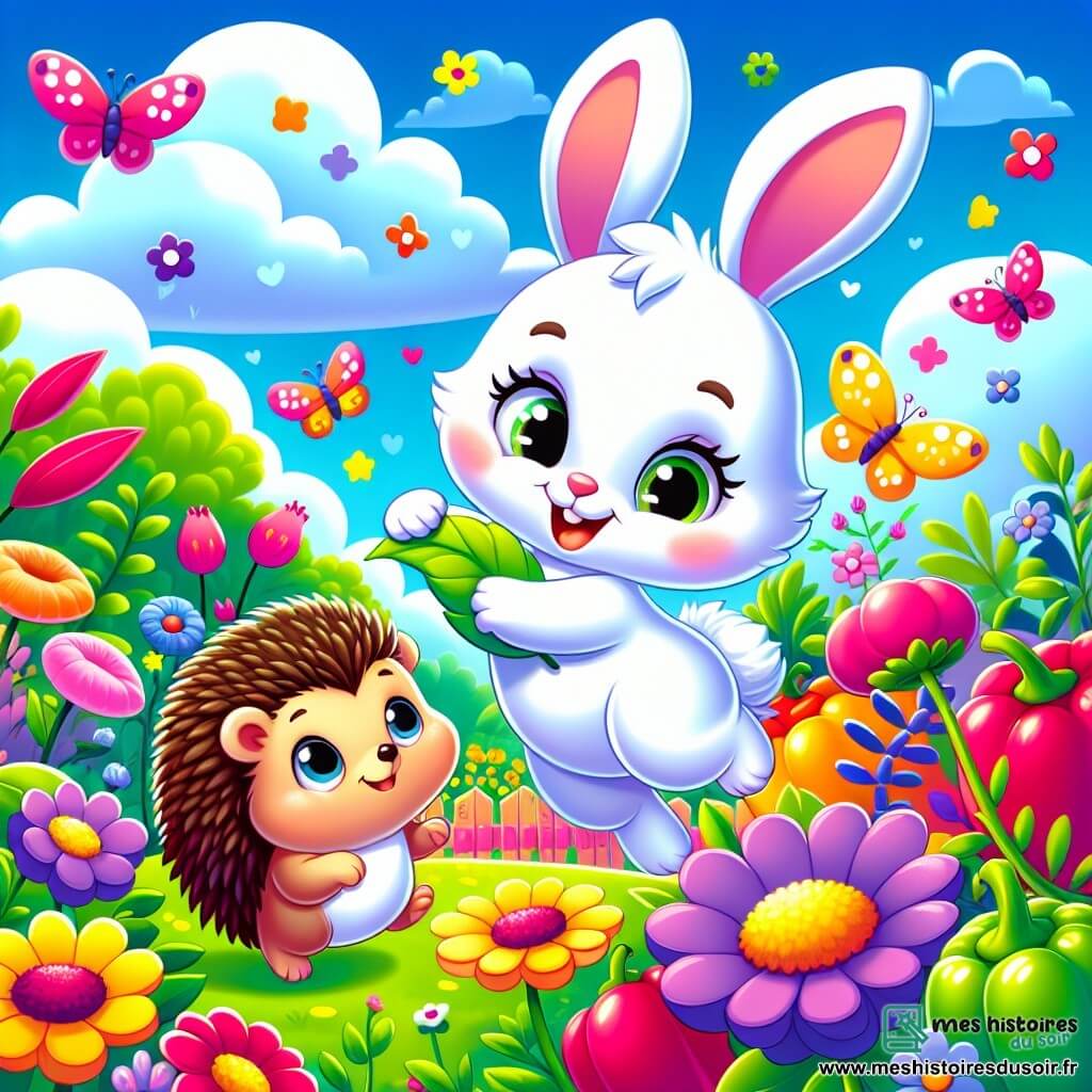 Lila, une petite lapine au pelage blanc et aux yeux curieux, saute joyeusement dans un jardin coloré. Elle sourit, pleine d'enthousiasme, tandis que Max le hérisson, avec son dos piquant et ses yeux malicieux, l'observe en tenant une feuille. Le jardin est rempli de fleurs roses, jaunes et violettes, de légumes verts brillants et de papillons colorés. La scène est joyeuse et dynamique, avec Lila et Max qui plantent des graines et construisent des abris pour les insectes sous un ciel bleu clair parsemé de nuages.