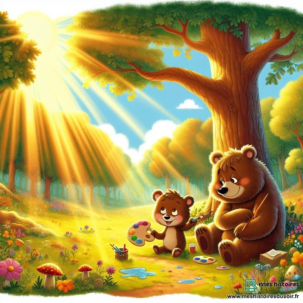 Oscar, un jeune ours brun joyeux, est assis sous un chêne, entouré de fleurs, tenant une palette de peinture et un pinceau. Il peint un paysage forestier avec émerveillement. Sa maman, Marguerite, une ourse douce au pelage crème, l'observe avec fierté. Ils se trouvent dans une clairière ensoleillée, où la lumière dorée met en valeur la beauté de la nature, soulignant l'importance de se déconnecter des écrans pour apprécier le monde réel.