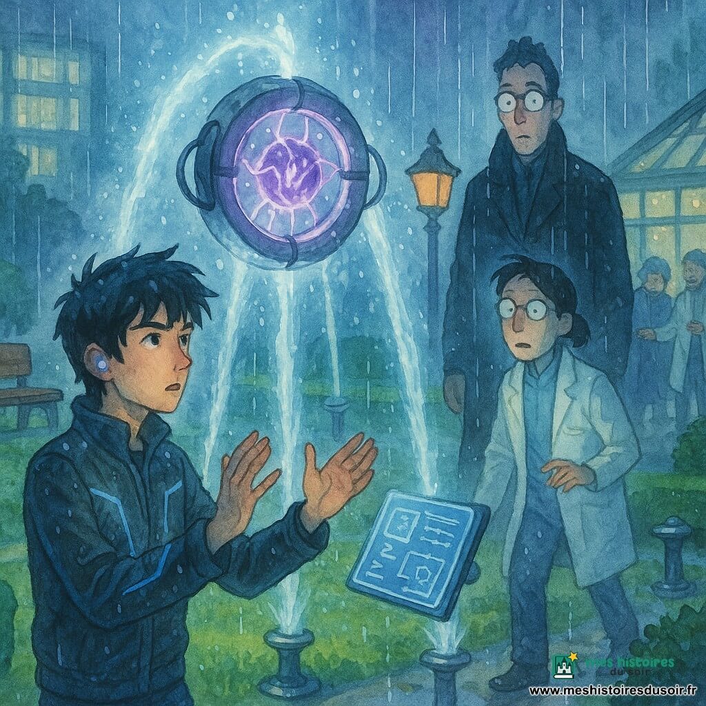 Nino, 17 ans, visage déterminé et tendre, cheveux noirs en bataille, blouson gris ardoise aux lignes argentées illuminées de bleu, se tient trempé, paumes levées vers une machine flottante ronde (anneau métallique aux filaments violets) qui aspire de l'énergie; Ada, ≈17 ans, petite, lunettes rondes, cheveux châtain attachés, visible seulement par une oreillette lumineuse et une tablette projetant des schémas, la détourne à distance pour rediriger les flux d'eau; le professeur Karmine Silex, ≈45 ans, grand, manteau noir et lunettes laiteuses, paraît surpris et vaincu en retrait, tandis que la docteure Sacha Lenoir, ≈38 ans, blouse blanche et cheveux courts, guide calmement des patients âgés abrités; scène nocturne sous la pluie dans un jardin thérapeutique aux pelouses brillantes, haies basses, bancs mouillés et serre en verre, arroseurs jetant des colonnes d'eau lumineuse qui forment un voile conducteur autour de la machine, atmosphère dramatique mais pleine d'espoir, aquarelle douce aux tons froids mouillés (bleus, verts, violets) avec touches vives de blanc pour les éclairs d'énergie et reflets argentés, textures humides et gouttes visibles, trait enfantin détaillé.
