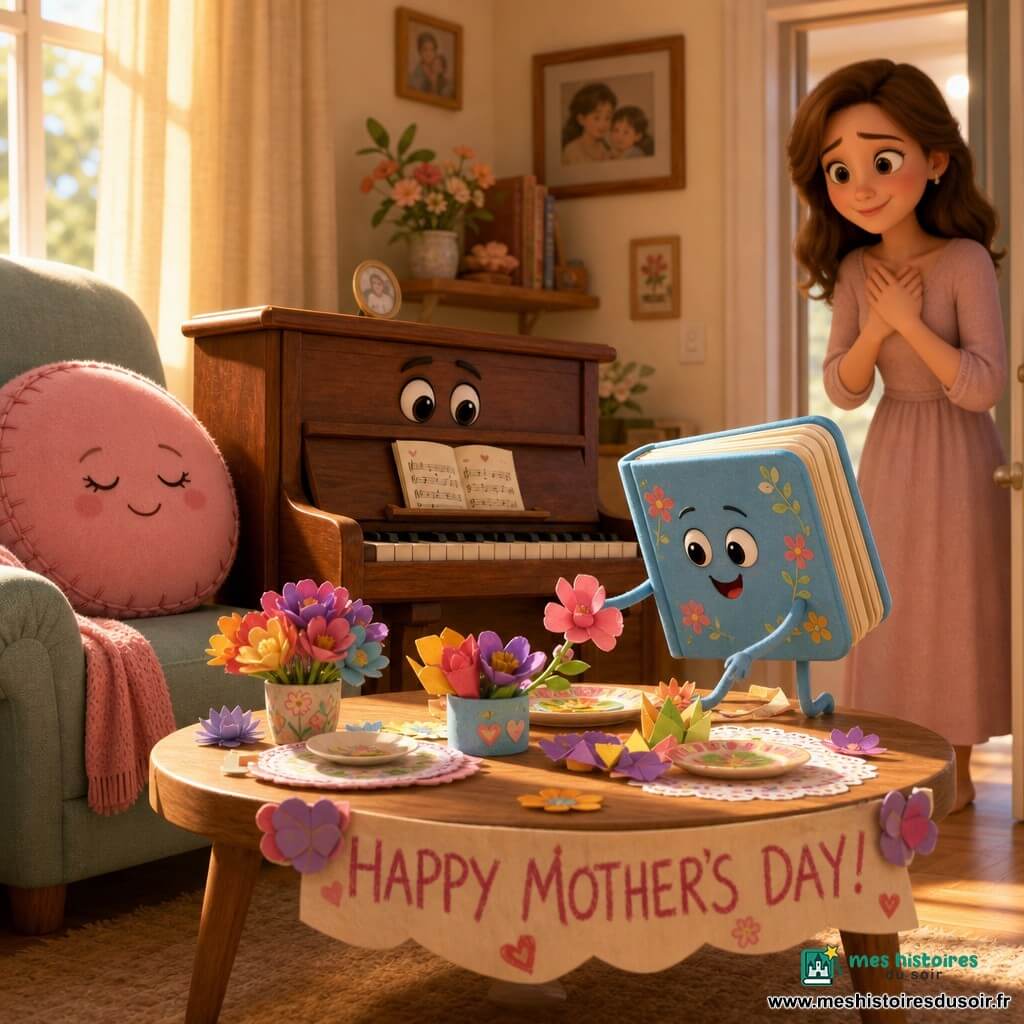Un petit livre cartonné bleu ciel aux coins arrondis, yeux ronds et sourire malicieux, ajuste une fleur en papier sur une table basse tandis qu'un petit piano en bois brun aux touches nacrées semble jouer, un coussin rose souriant observe depuis le canapé et une maman aux cheveux châtains, émue, découvre la scène dans l'embrasure; salon chaleureux aux tons pastel, parquet clair, rideaux crème laissant passer un rayon de soleil, table ronde dressée avec assiettes colorées et bouquets de fleurs en papier pour une fête des mères intime et joyeuse.