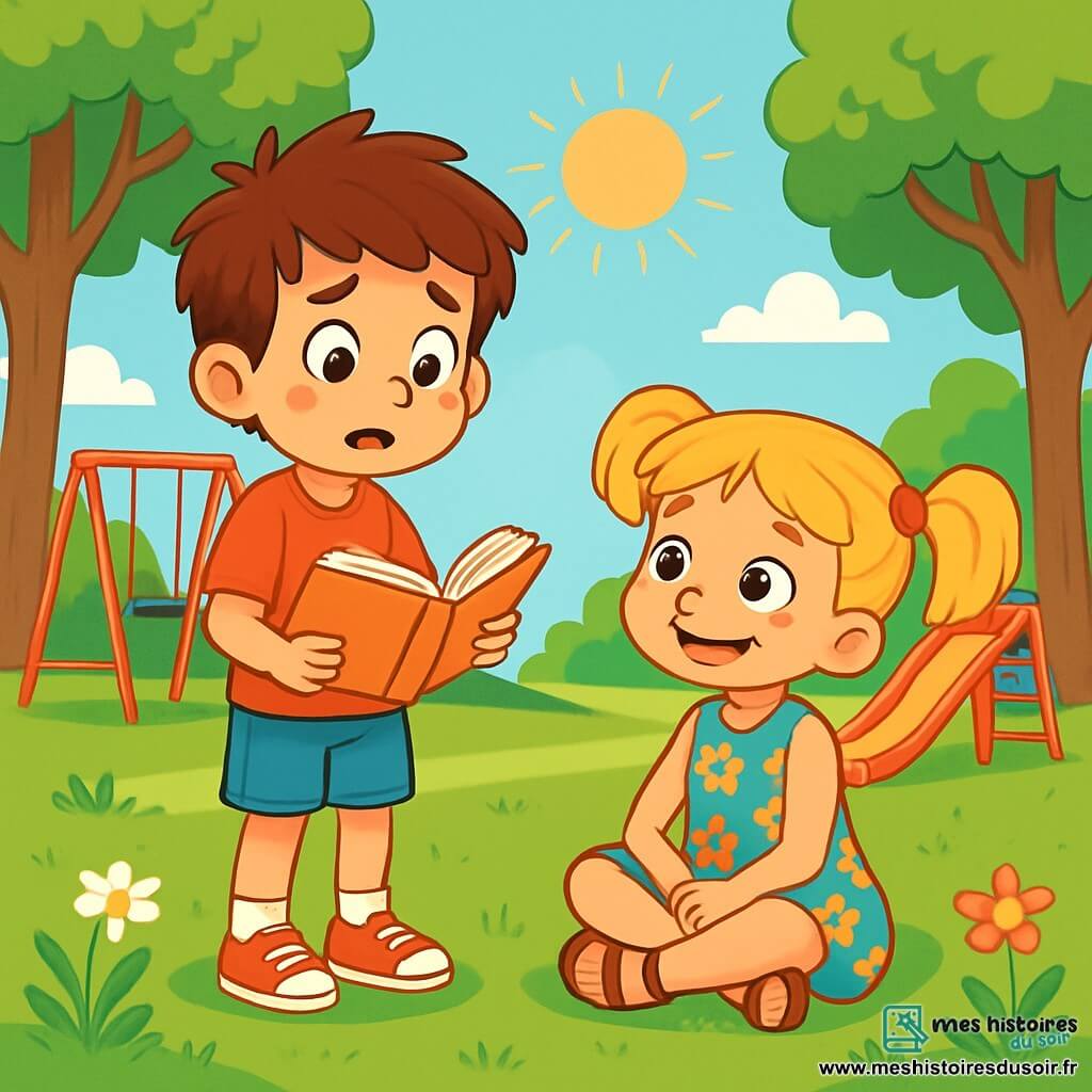 Léo, un garçon de 7 ans aux cheveux bruns en bataille et aux yeux pétillants, porte un t-shirt rouge et un short bleu. Il est debout, nerveux, avec un livre ouvert. Mia, une fille de 7 ans avec des couettes blondes et un grand sourire, est assise sur l'herbe dans une robe à fleurs colorées et des sandales. La scène se déroule dans une cour de récréation ensoleillée, entourée d'arbres verdoyants et de jeux colorés. Léo avoue à Mia qu'il a inventé une histoire au lieu de lire, semblant inquiet, tandis que Mia l'écoute attentivement, prête à le soutenir. Les rayons du soleil illuminent leurs visages, créant une atmosphère chaleureuse.