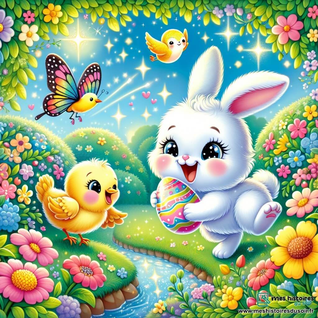 Dans un jardin enchanté, un petit lapin blanc nommé Loulou découvre un œuf de Pâques brillant sous un buisson. Un papillon coloré virevolte autour de lui, tandis qu'un petit oiseau jaune chante sur une branche. Le jardin est rempli de fleurs éclatantes et un ruisseau scintillant ajoute une touche de magie. Loulou, enthousiaste, se penche pour ramasser l'œuf, entouré de ses amis, dans une ambiance festive prête à célébrer Pâques.