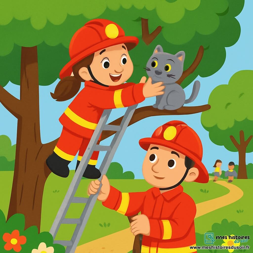 Une jeune femme pompier, Lila, est sur une échelle, souriante. Elle porte une veste rouge, un casque et des bottes noires, avec les cheveux en queue de cheval. Elle essaie de prendre un petit chat gris, Grisou, perché sur une branche, qui a l'air effrayé. En bas de l'échelle, Max, un pompier d'une trentaine d'années, la regarde avec attention, tenant l'échelle. La scène se déroule dans un parc verdoyant sous un ciel bleu, avec des enfants jouant au loin. Lila parle tendrement à Grisou, tandis que Max veille sur elle, illustrant l'esprit d'équipe des pompiers.