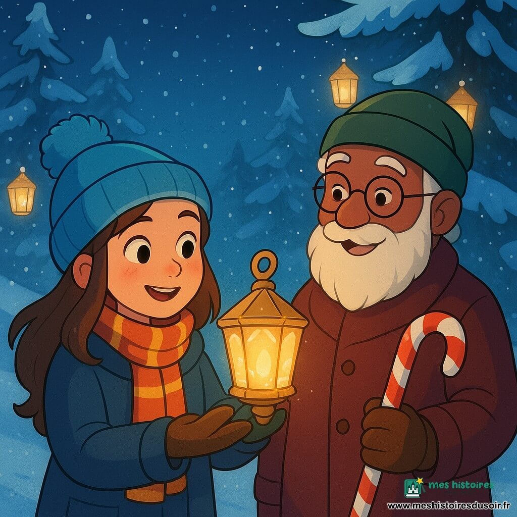 Lucie, une fille de 10 ans avec de longs cheveux bruns et des joues roses, admire une lanterne de glace dorée dans sa main. Elle est vêtue d'un manteau épais, d'une écharpe rayée et d'un bonnet à pompon bleu. Son grand-père, un vieil homme à la barbe blanche et aux lunettes rondes, sourit tendrement en tenant une canne de Noël en sucre d'orge. Ils se trouvent dans une clairière enneigée, entourés de sapins couverts de neige scintillante. Des lanternes de glace suspendues aux branches diffusent une lumière douce et magique, créant une atmosphère chaleureuse et féerique, typique d'une nuit de Noël enchantée.