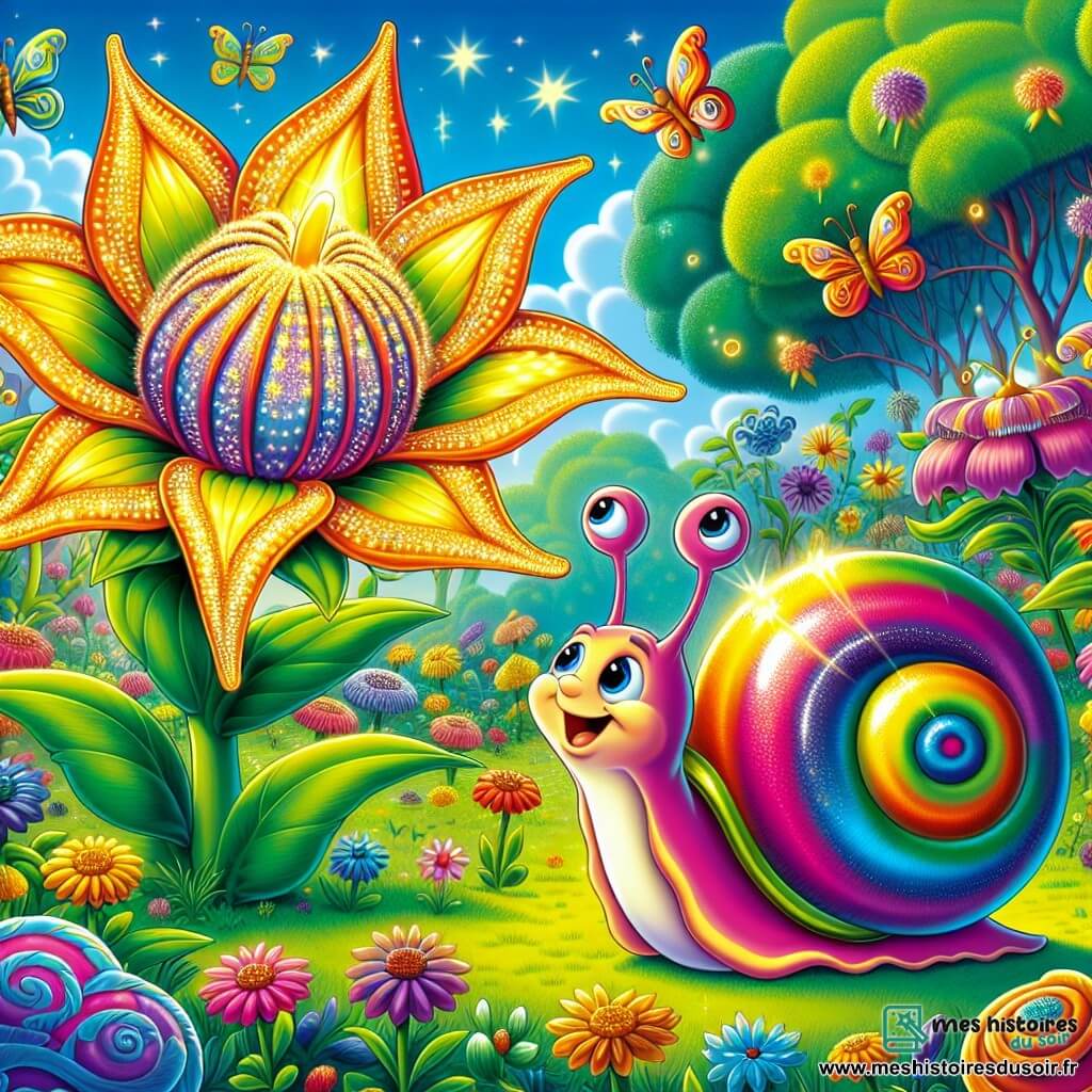 Émile, un petit escargot aux couleurs vives, avance lentement, émerveillé, ses antennes dressées, explorant son jardin secret. Sa coquille brillante, ornée de motifs en spirale, reflète la lumière du soleil. À ses côtés se dresse la Fleur de la Sagesse, une fleur géante aux pétales dorés, qui sourit à Émile tout en lui offrant des conseils. Le jardin est enchanté, rempli de fleurs dansantes, de grands arbres luxuriants et d’un ciel bleu parsemé de nuages. Des papillons colorés volent autour, ajoutant de la magie à l’atmosphère. Émile écoute attentivement les sages paroles de la fleur, prêt à apprendre les secrets de la vie.