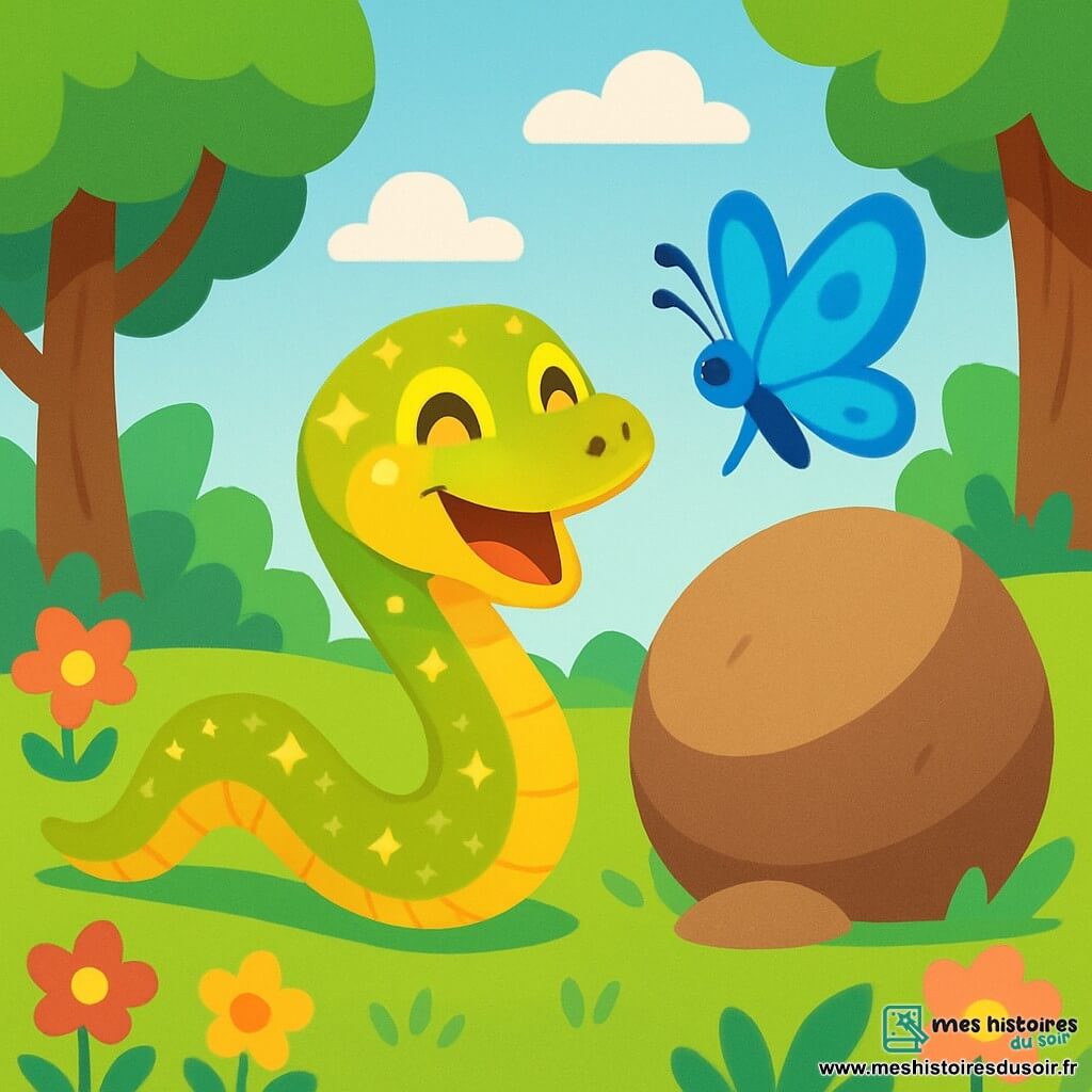 Un serpent joyeux nommé Sif, aux écailles brillantes, glisse sur l'herbe avec un grand sourire. À côté de lui, un papillon bleu vole en tournoyant, ses ailes capturant la lumière du soleil. Ils se trouvent dans un jardin enchanté, rempli de fleurs colorées, de grands arbres et d'un ciel bleu clair. Sif chante pour déplacer un rocher qui bloque son chemin, tandis que le papillon l'encourage, créant une atmosphère de magie et d'amitié.