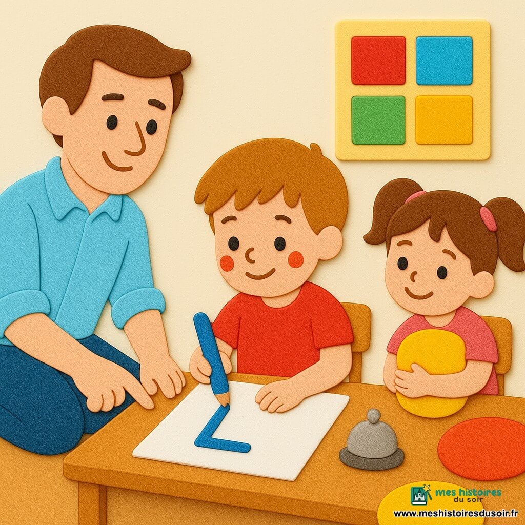 Un instituteur accroupi, visage doux et souriant, cheveux bruns courts, chemise claire à manches retroussées, montre à Léo, 5 ans, cheveux châtain clair et taches de peinture sur les joues, comment tracer un L avec un gros crayon bleu; Léo, concentré et soulagé, trace la lettre sur une feuille posée sur une table en bois. À côté, une fillette de 4 ans aux yeux pétillants et couettes serre un coussin jaune en souriant et l'encourage. La classe, chaleureuse et colorée, présente une porte bleue, une étagère de livres colorés, des coussins jaunes et rouges, une grande affiche multicolore et une petite cloche argentée; l'atmosphère est calme et bienveillante, gestes lents et clairs, textures épaisses et mates, contours simples et couleurs pleines.