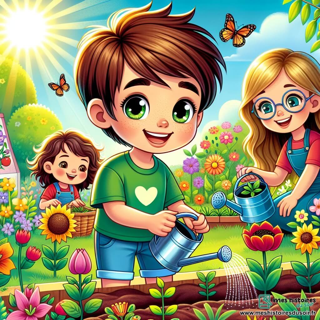 Lucas, un garçon de 12 ans aux cheveux châtains et aux yeux curieux, plante des graines de fleurs dans un jardin ensoleillé. Il porte un t-shirt vert et un short bleu, affichant une grande joie. À ses côtés, sa meilleure amie Clara, 11 ans, avec des cheveux blonds et des lunettes, arrose les jeunes pousses avec un arrosoir coloré, souriante. En arrière-plan, la mère de Lucas, souriante et aux cheveux bruns, les observe fièrement avec un panier de graines. Le jardin est coloré, avec des tulipes et des tournesols, et des papillons volent autour des fleurs. La scène illustre Lucas et Clara s'occupant de leur jardin, symbolisant le printemps et la magie de la nature.