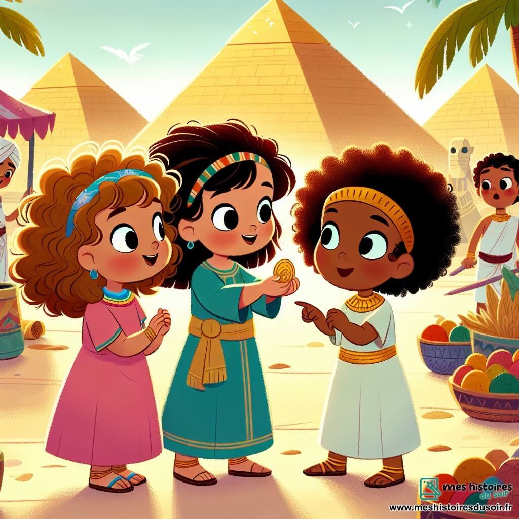 Trois amies inséparables, Léa, Zoé et Mia, toutes âgées de trois ans, se trouvent dans un marché animé de l'Égypte ancienne. Léa, aux cheveux bouclés et bruns, porte une robe rose et tient un médaillon. Zoé, aux cheveux blonds et lisses, est vêtue d'une tunique bleue et admire les pyramides. Mia, aux cheveux châtains et frisés, habillée d'une robe verte, pointe un garçon égyptien qui leur demande de l'aide. Les pyramides scintillent sous le soleil, entourées d'étals de fruits exotiques et d'enfants jouant dans le sable. Les trois amies discutent avec le garçon, qui leur explique que le Nil a besoin d'eau pour nourrir les champs, leurs visages reflétant enthousiasme et détermination pour résoudre ce mystère.