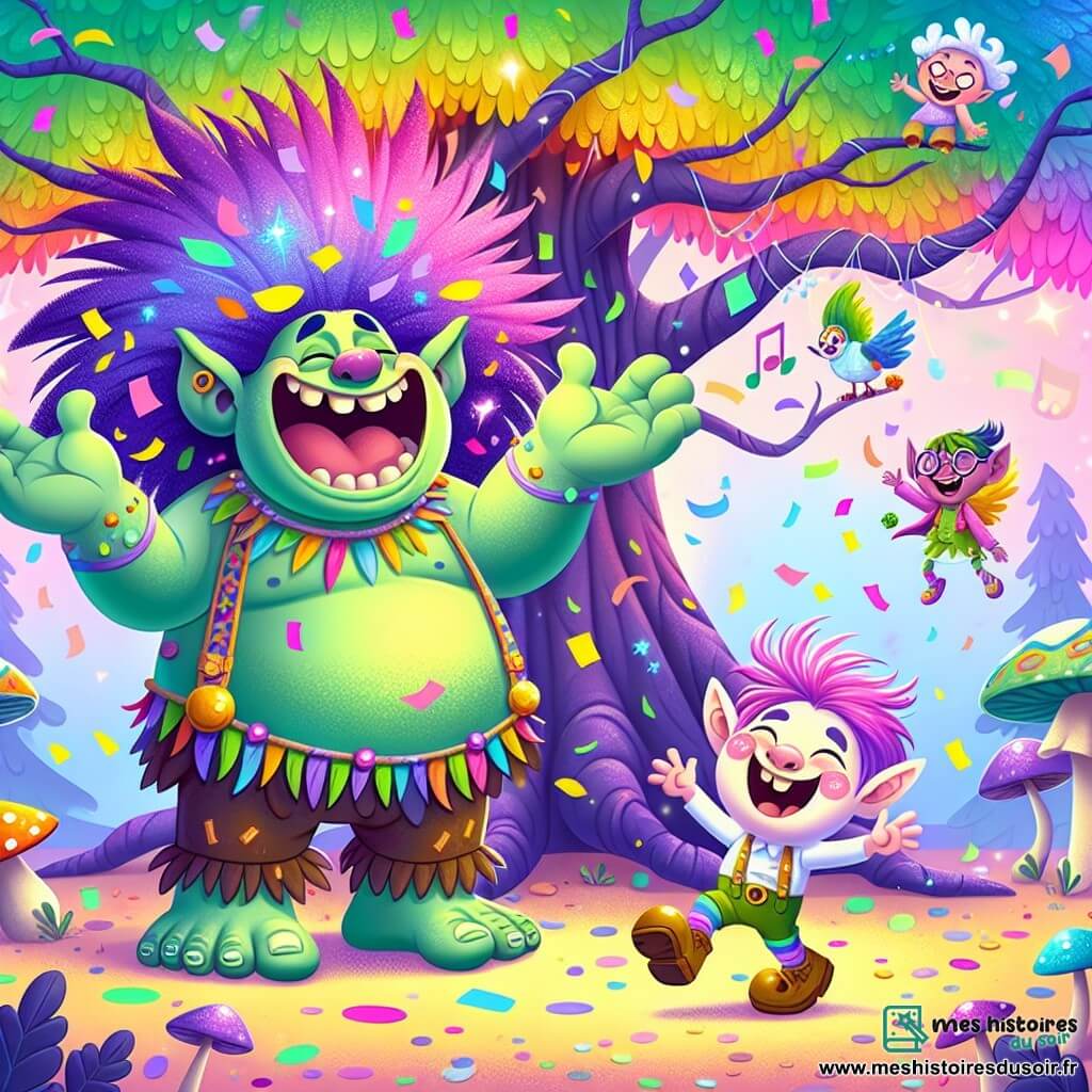 Un troll nommé Trompette, grand et costaud avec une peau verte brillante et des cheveux violets en désordre, se tient au centre de la scène avec un grand sourire et des larmes de confettis sur les joues. À côté, un petit lutin nommé Zouzou, avec des cheveux rose barbe à papa et des chaussures qui couinent, saute de joie en agitant les bras, son visage rayonnant d'excitation. La scène se déroule devant le Grand Arbre Arc-en-Ciel, immense et coloré, couvert de plumes et de petits oiseaux farceurs qui chantent et dansent. Le sol est parsemé de champignons musicaux émettant des notes joyeuses. Trompette et Zouzou rient ensemble, prêts à raconter une blague, créant une atmosphère de fête et de bonheur dans cette forêt magique.