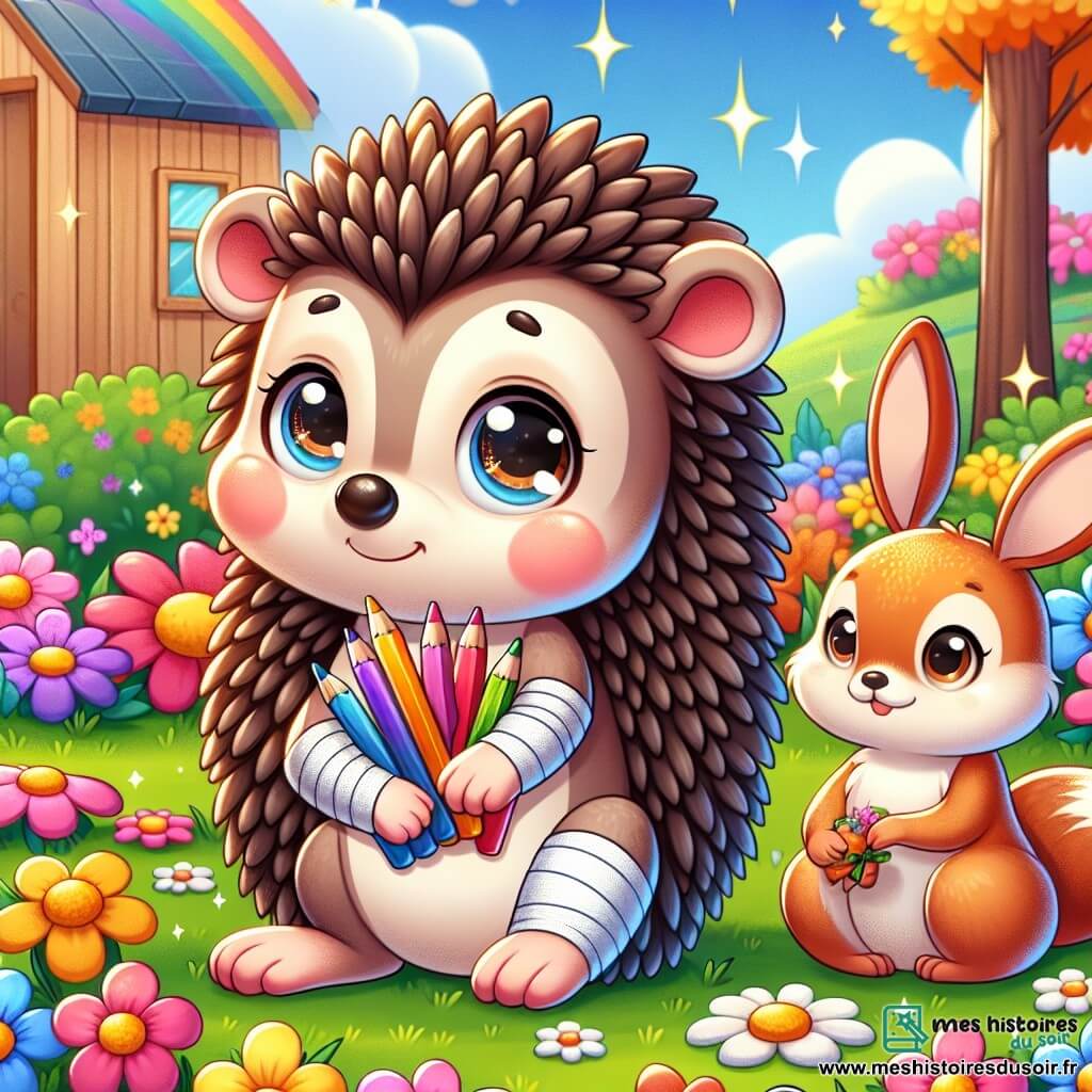 Illustration d'un petit hérisson aux piquants doux, curieux et souriant, debout dans un jardin d'hôpital coloré, entouré de fleurs éclatantes, tenant des crayons de couleurs. À côté, une lapine avec un bandage admire le hérisson tout en grignotant une carotte. Un jeune écureuil, légèrement enrhumé, écoute le hérisson avec un sourire. Le jardin est rempli de fleurs, d'arbres et d'un bâtiment en bois, créant une ambiance joyeuse. Le hérisson partage un message d'espoir avec ses amis, les encourageant à ne pas craindre l'hôpital. Des crayons, des bandages et des oiseaux chantants ajoutent de la vie à cette scène pleine d'espoir.