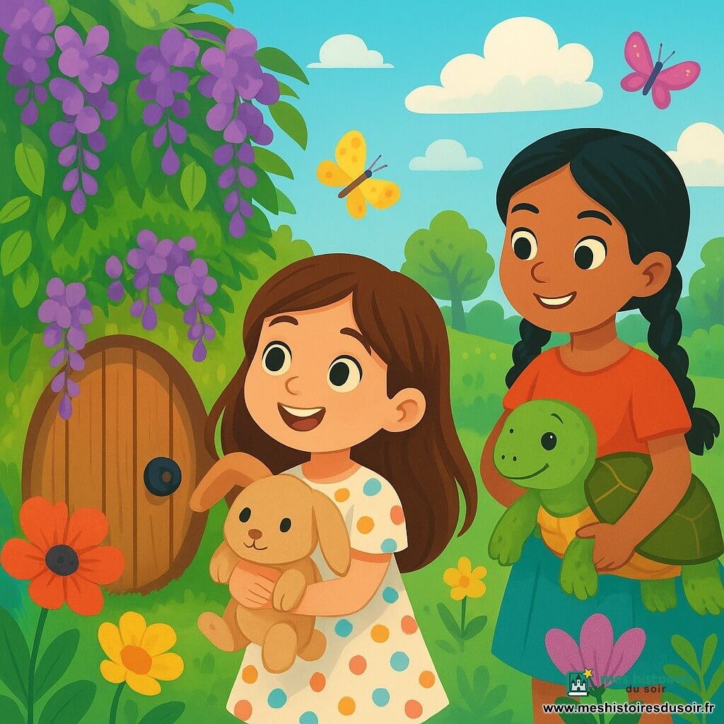 Une petite fille de 6 ans, avec de longs cheveux bruns et des yeux curieux, se tient devant une petite porte ronde en bois, cachée sous une glycine aux fleurs violettes. Elle porte une robe à pois colorés et sourit émerveillée. À ses côtés, un petit lapin en peluche est serré dans ses bras. Près d'elle, Cassia, 7 ans, avec des cheveux noirs et des tresses, la regarde en souriant, tenant une tortue géante. Le jardin est vaste et magique, rempli de fleurs géantes, de papillons et d'arbres étranges, sous un ciel bleu. Louise, excitée, s'apprête à franchir la porte mystérieuse menant à un jardin enchanté, où l'aventure l'attend.