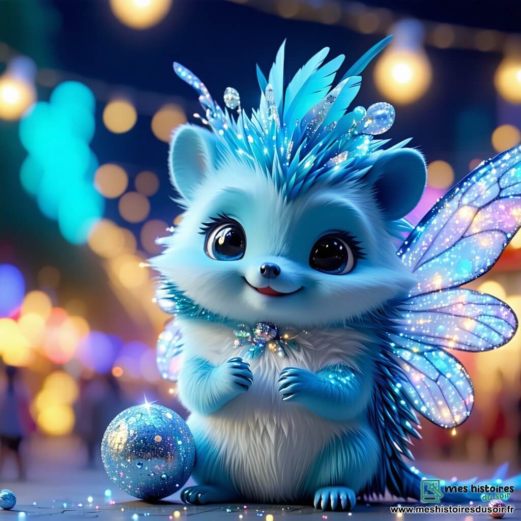Frimousse, une boule de poils turquoise, est au centre de la scène, rayonnante de joie. Ses grands yeux brillent sous les lumières du carnaval, tandis qu'elle porte un costume magique changeant de couleur. À ses côtés, Grignote, une créature mi-papillon, mi-hérisson avec des ailes multicolores et un tutu flamboyant, sourit avec enthousiasme. Le décor est une clairière enchantée avec des arbres chatoyants, des rubans scintillants et des lanternes flottantes. Des confettis tombent du ciel, tandis qu'un groupe de créatures joyeuses défile en arrière-plan. Frimousse et Grignote, entourées de leurs amis, préparent leur costume magique pour le grand défilé du carnaval, avec des éclats de rire et des couleurs éclatantes.