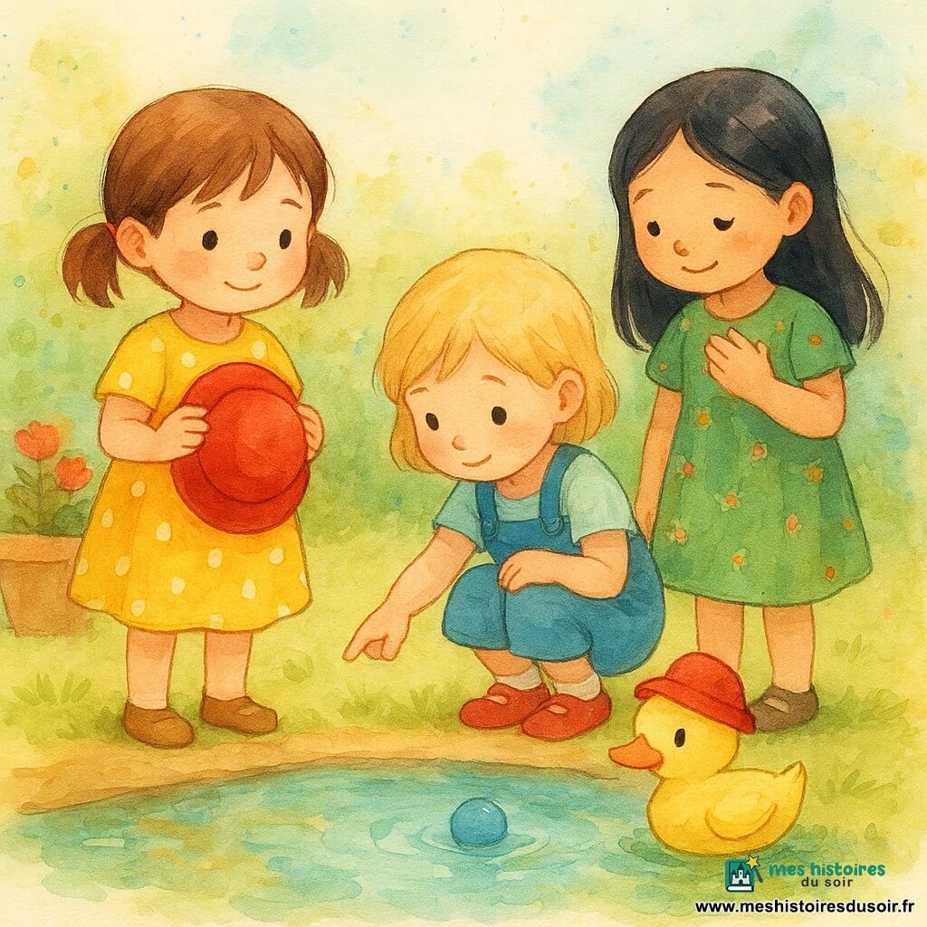 Quatre personnages dans un jardin lumineux : Lili, 3 ans, cheveux bruns en couettes, robe jaune à pois blancs, debout à gauche avec un chapeau rouge brillant; Maé, 3 ans, cheveux blonds courts, salopette en jean et chaussures rouges, accroupie au centre, pointant une petite balle bleue; Noor, 3 ans, cheveux noirs lisses, robe verte à fleurs, à droite, main sur le cœur, regardant doucement le canard; et un petit canard rond au plumage jaune pâle et bec orange, portant encore un petit chapeau rouge un peu mouillé et jouant avec la balle bleue au bord d’un petit étang. Le jardin est simple et doux : herbe verte, bac à sable beige, pot de fleurs rouges, étang brillant aux reflets bleus et verts, ciel clair aux touches aquarelle, textures floues et contours doux. Scène centrée, joyeuse et tendre : les trois petites détectives retrouvent le chapeau rouge sur le canard et lui offrent la balle bleue en échange, expressions bienveillantes, couleurs chaudes et ambiance ludique.