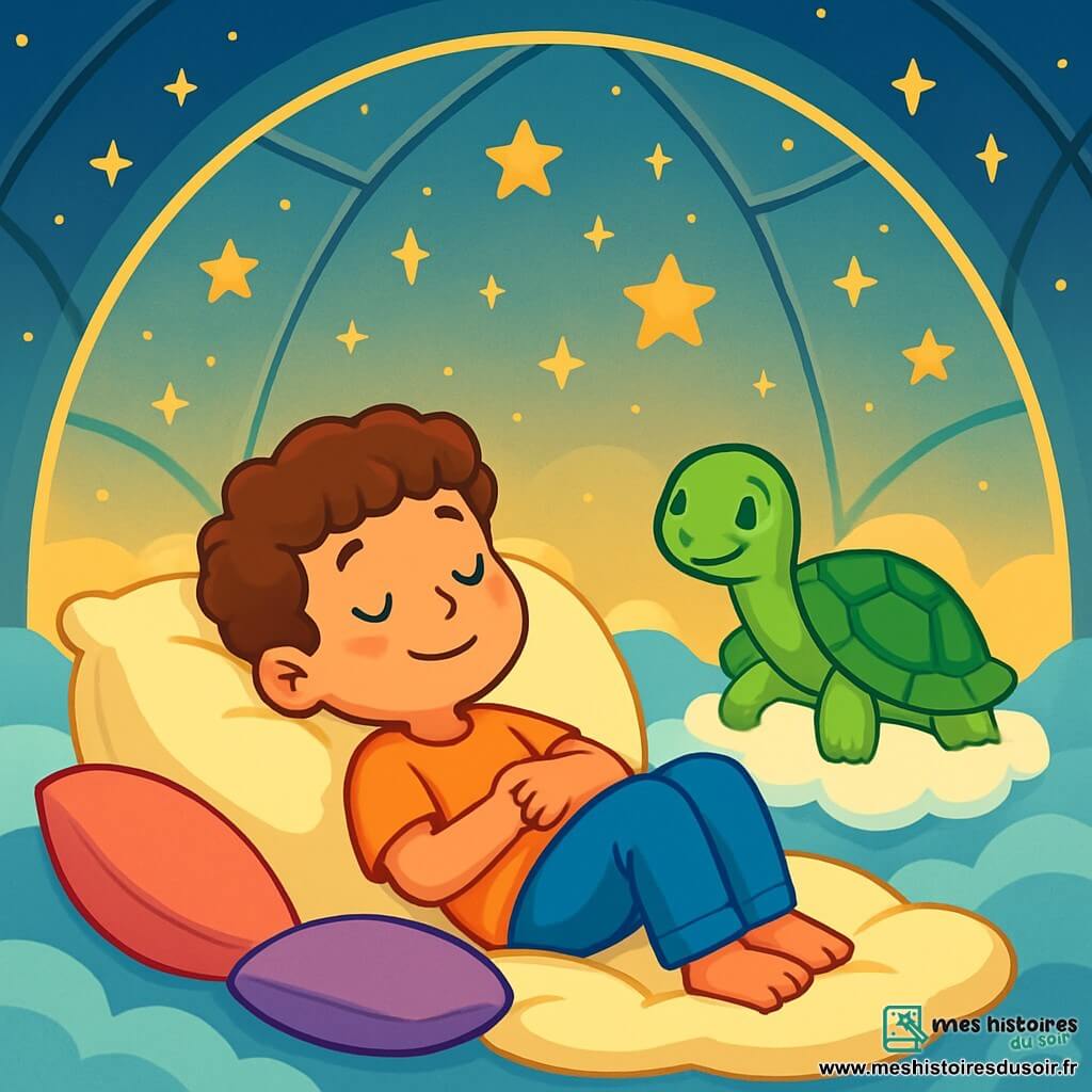 Léo, un garçon de 8 ans aux cheveux châtains et bouclés, est allongé sur un oreiller géant avec un sourire serein, les yeux fermés. À côté de lui, une tortue souriante sur un coussin de nuage l'observe. Ils se trouvent dans un dôme magique aux parois transparentes, éclairé par une lumière dorée et orné d'étoiles scintillantes, créant une ambiance apaisante. Léo se détend dans un cocon de calme, prêt à s'endormir paisiblement dans un monde de rêves enchantés.