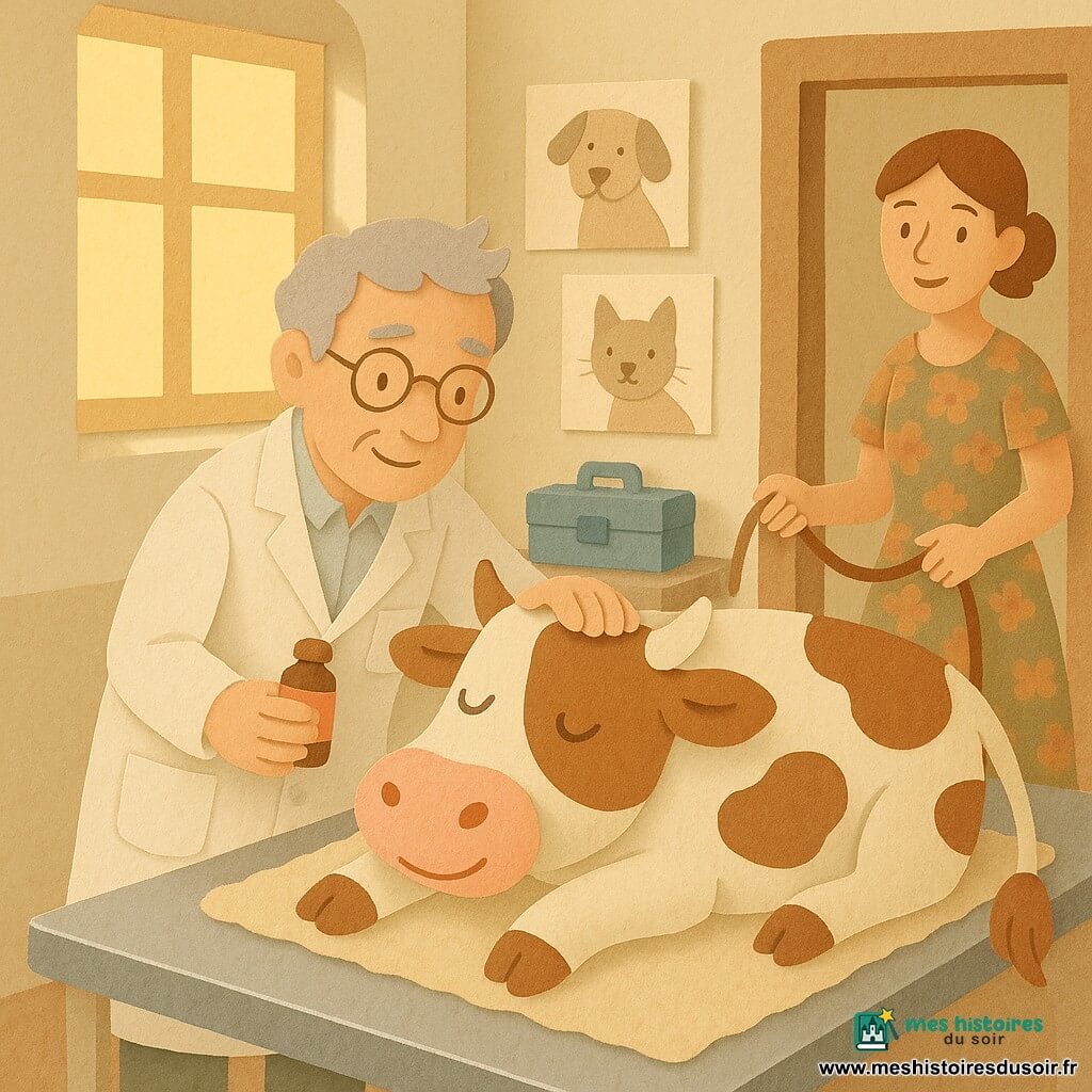 Le docteur Barnabé, cheveux gris, lunettes rondes et blouse blanche, caresse la tête de la vache Pomponnette tandis qu'il lui donne un sirop ; madame Lison, une quarantaine d'années en robe à fleurs, tient la longe et regarde soulagée depuis la porte du cabinet vétérinaire chaleureux (murs crème, grande fenêtre, valise d'outils bleue, table d'examen propre) ; Pomponnette, grande et douce, tachetée de marron avec un museau rosé, est allongée sur une couverture crème, yeux mi-clos, queue remuante ; scène douce et rassurante, style graphique en découpages de papier aux couleurs pastel et textures froissées.