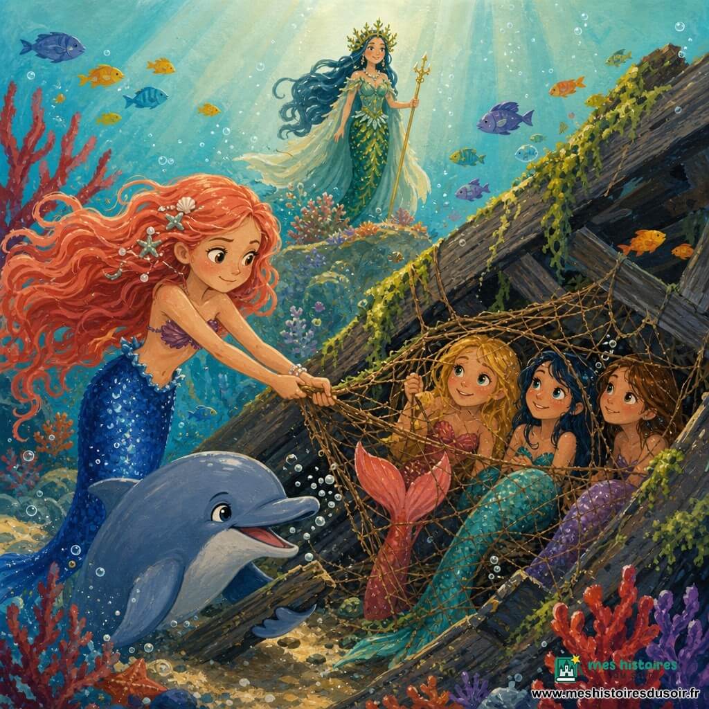 Léna, jeune sirène aux longs cheveux corail et à la queue bleu profond scintillante, tire sur un filet brun accroché à une poutre pour libérer une queue prise dans des débris ; Finn, dauphin malicieux, à ses côtés sourit et s'apprête à aider, éclaboussures et bulles autour de lui ; trois autres sirènes prisonnières ont leurs queues colorées emmêlées dans le filet, visages soulagés tournés vers Léna ; la reine des sirènes, sur un corail élevé portant une couronne d'algues scintillantes, observe fière la scène ; l'épave, couverte d'algues et de planches brisées, entourée de poissons et coraux rouges et violets, est éclairée par des rayons de soleil filtrant dans l'eau turquoise — un sauvetage tendre et dynamique avec lumière douce, bulles et textures peintes, palette vive et chaleureuse.
