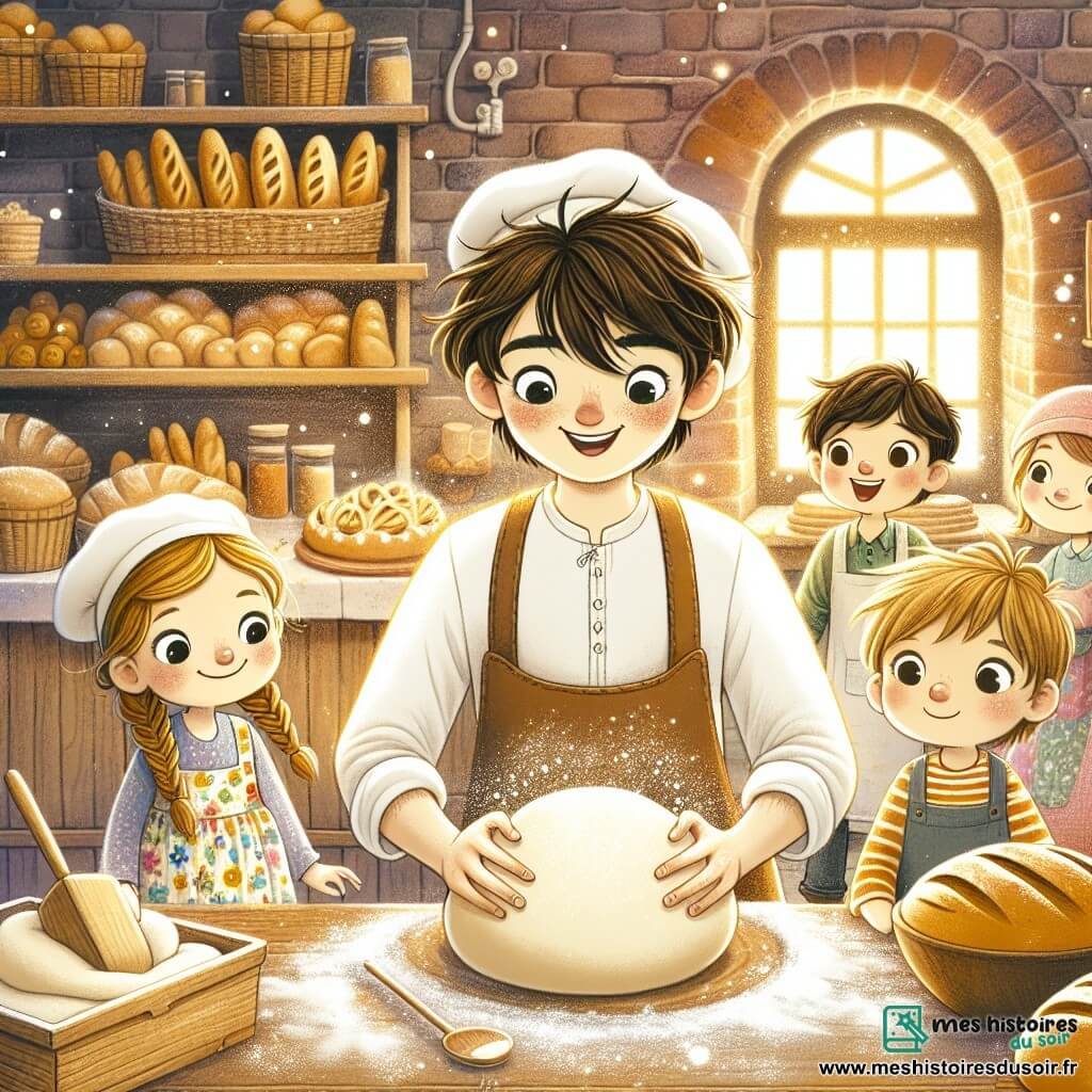 Lucas, un jeune homme souriant aux yeux pétillants, se trouve au centre d'une boulangerie. Avec des cheveux châtains en désordre et un tablier blanc plein de farine, il pétrit une boule de pâte avec enthousiasme, riant joyeusement. À ses côtés, Clara, une petite fille de 8 ans aux cheveux blonds tressés et en robe colorée, observe émerveillée, tenant une cuillère en bois. Tom, un garçon de 7 ans avec des cheveux bruns en bataille et un t-shirt rayé, s'approche avec un cochon en pâte qu'il a façonné, affichant un grand sourire. La boulangerie, chaleureuse avec ses murs en briques rouges et ses étagères de pains et gâteaux colorés, est illuminée par une lumière douce. Lucas et les enfants partagent des moments joyeux en préparant des pains en forme d'animaux et un gâteau au chocolat, remplissant l'endroit de bonheur et de créativité.