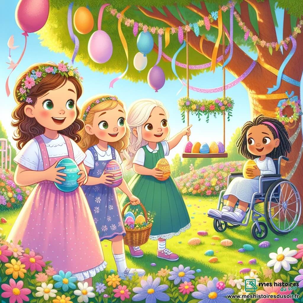 Quatre amies de neuf ans se tiennent dans un jardin ensoleillé. Chloé, avec des cheveux bruns bouclés et une robe rose à pois, sourit en tenant un œuf coloré. À côté d'elle, Léa, aux cheveux blonds tressés et vêtue d'une tunique bleue, pointe un buisson fleuri. Emma, avec des cheveux châtains et une robe verte, s'accroupit pour examiner un œuf caché sous une balançoire. Enfin, Sarah, aux cheveux noirs et en fauteuil roulant, tient un œuf doré et regarde ses amies avec un grand sourire. Le jardin est rempli de fleurs colorées, de guirlandes de papier et de ballons, créant une atmosphère festive. Les quatre amies sont en pleine chasse aux œufs de Pâques, cherchant des œufs cachés tout en riant et en s'amusant.