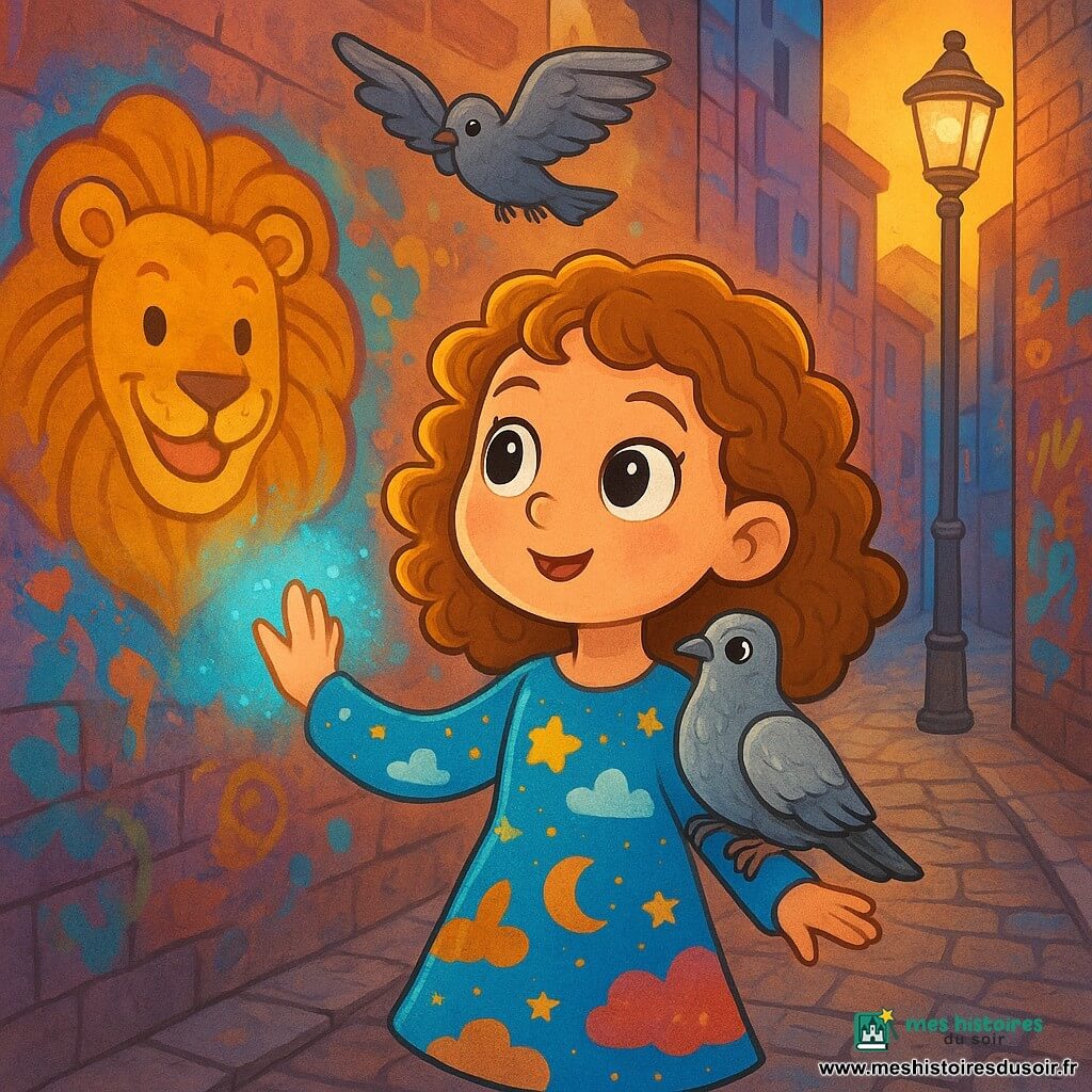 Une petite fille de 6 ans, nommée Rêve-clair, se tient au centre de l'image, avec de grands yeux brillants et des cheveux bouclés. Elle porte une robe colorée ornée de motifs de nuages et d'étoiles, et son visage exprime une curiosité émerveillée. À ses côtés, un pigeon argenté se perche sur son épaule, tandis qu'un vieux pigeon vole au-dessus d'eux, semblant la guider vers une aventure magique. Le décor est une ruelle étroite avec des murs recouverts de graffitis colorés, dont un lion doré souriant. Rêve-clair lève une main vers le lion, une lueur bleue émanant de ses paumes, tandis que les pigeons volent autour d'elle, créant un tourbillon de couleurs et de magie.