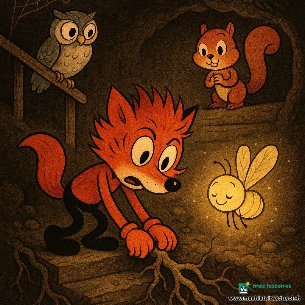 Calixte, renard roux anthropomorphe au pelage flamboyant et aux grands yeux effarés, est penché en train de détacher des racines avec ses pattes avant, visage concentré et pelage hérissé; Luminelle, petite luciole ronde et translucide aux ailes fines dorées, s'élève en émettant une douce lueur jaune-ambre et des étincelles; Agathe l'écureuil, petite et vive aux grosses joues, observe depuis une marche supérieure et Barnabé le hibou, au plumage gris, veille posé sur la rambarde; le tout se déroule dans un escalier souterrain en bois usé, marches couvertes de mousse et de racines, terre sombre et toiles d'araignée, baigné d'un faisceau de lumière dorée créant un clair-obscur à la fois inquiétant et réconfortant.