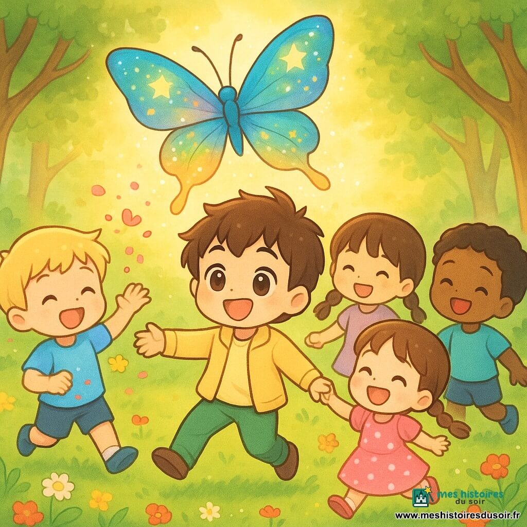 Lucas, sourire large et yeux brillants, cheveux bruns en bataille, veste jaune et pantalon vert, danse en ronde en tenant légèrement la main d'une fillette ; une fille aux deux nattes en robe rose à pois rit à sa droite, un garçon blond en tee-shirt bleu clair à sa gauche lance des pétales en riant, trois autres enfants se tiennent par la main autour d'eux ; un grand papillon esprit de la forêt aux ailes irisées bleu, vert et or à motif d'étoiles perd et retrouve ses couleurs en répandant des paillettes ; clairière d'herbe et de fleurs sauvages entourée de troncs noueux, rayons de soleil dorés — fête joyeuse pour redonner des couleurs magiques au papillon, style chibi kawaii, couleurs vives, contours doux, ambiance chaleureuse et lumineuse.