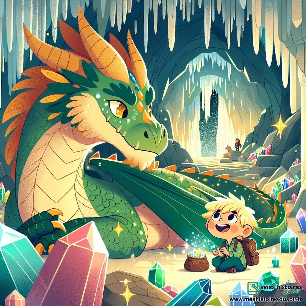 Un dragon majestueux aux écailles vertes et dorées, Émeraude, se tient au centre de la caverne, souriant chaleureusement avec des yeux brillants de sagesse. Allongé sur un lit de cristaux scintillants, il est entouré de pierres précieuses qui reflètent la lumière. À ses côtés, un jeune garçon nommé Léo, âgé d'environ 10 ans, aux cheveux dorés et aux yeux pétillants d'excitation, admire le dragon tout en tenant un petit sac à dos rempli de provisions. La caverne est vaste et lumineuse, avec des murs en pierre brillante et des stalactites ressemblant à des gouttes de cristal. Léo pose une question au dragon, l'air déterminé, tandis qu'Émeraude lui répond avec bienveillance, prêt à lui révéler le chemin vers le bijou magique.