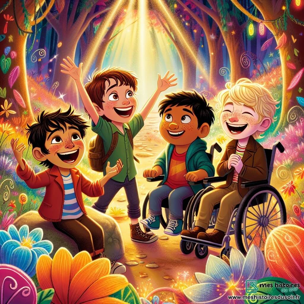 Dans une forêt enchantée, quatre amis, Max, Léo, Tom et Sam, se tiennent ensemble. Max, 10 ans, est sur un rocher, bras levés, tandis que Léo, 9 ans, rit en tenant des bonbons. Tom, 8 ans, avec des lunettes, raconte une blague, et Sam, 7 ans en fauteuil roulant, rit joyeusement. La forêt est magique avec des arbres multicolores, des fleurs lumineuses et des rayons de soleil créant une ambiance joyeuse. Ils sont en quête d'une noix dorée perdue, poursuivant un écureuil pirate, dans une aventure pleine de magie et d’amitié.