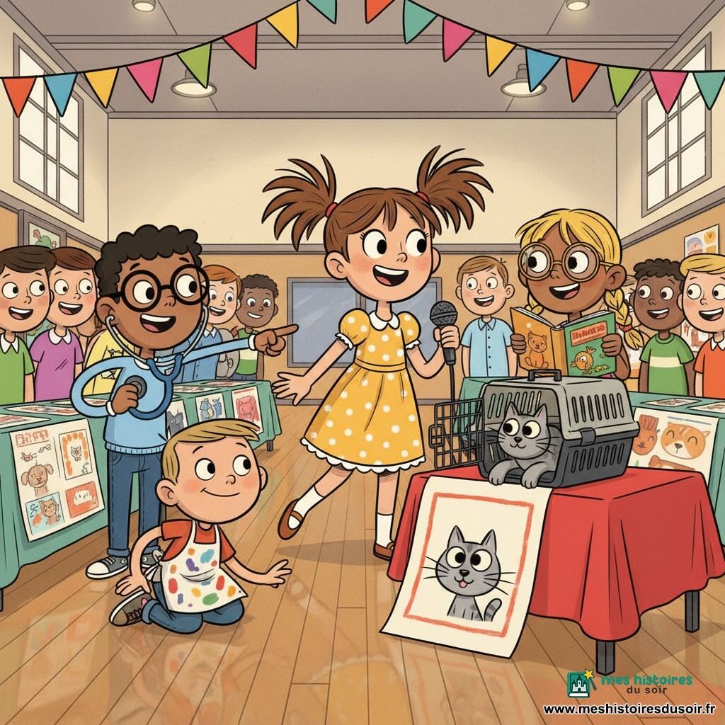 Zoé, 8 ans, rayonnante en robe jaune à pois, tient un micro; Hugo, 8 ans, lunettes, montre un grand stéthoscope bleu à gauche; Léa, 8 ans, tresse blonde et lunettes, tient un livre illustré à droite; Max, 8 ans, malicieux, accroupi, porte un tablier peint et présente une affiche avec un chat; le chat gris Moustache est curieux dans une cage ouverte sur la table; la salle de sport transformée en exposition avec parquet, banderoles et tables, sert de décor à leur stand joyeux sur le métier de vétérinaire.