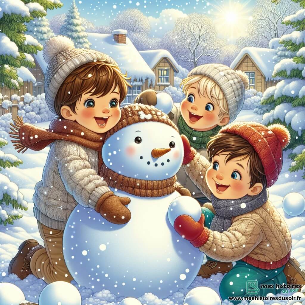 Trois petits garçons de quatre ans, Léo, Tom et Hugo, jouent dans un jardin enneigé. Léo roule une boule de neige pour le corps d'un bonhomme de neige, Tom rit en tenant une boule pour la tête, et Hugo cherche des branches pour les bras. Ils sont entourés de flocons de neige tombant doucement. Le jardin est féerique, recouvert de neige scintillante, avec des arbres chargés de neige et un ciel bleu clair. Les amis construisent un bonhomme de neige, riant et s'encourageant dans une ambiance joyeuse.