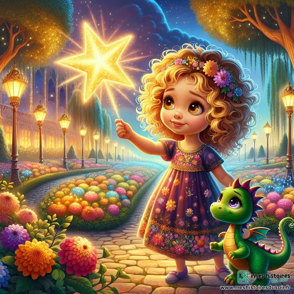 Lila, une petite fille de 6 ans aux cheveux bouclés et dorés, se tient courageusement devant une grande étoile scintillante dans un parc magique. Vêtue d'une robe colorée à motifs de fleurs et affichant un sourire déterminé, elle est prête à affronter une ombre menaçante. À ses côtés, Flamme, un petit dragon vert aux écailles brillantes, s'apprête à cracher un souffle de feu pour repousser les ombres. Le parc, rempli de fleurs éclatantes et d'arbres majestueux aux feuilles dorées, est menacé par des ombres sombres. Lila lève les bras vers l'étoile, tandis que Flamme se prépare à libérer sa magie pour sauver leur monde.