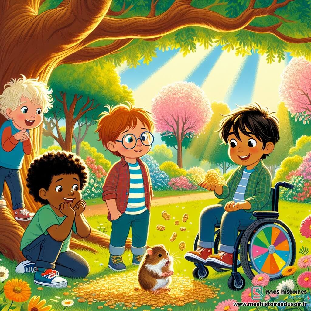 Dans un parc ensoleillé, quatre amis se tiennent sous un grand chêne. Léo, 8 ans, aux cheveux bouclés, regarde un hamster qui grignote des biscuits. Max, 9 ans, avec des lunettes, tient un papier. Tom, costaud et souriant, examine des miettes au sol. Jules, 9 ans, timide, est assis dans son fauteuil roulant magique, observant la scène. Le parc est coloré avec des fleurs et des cerisiers en fleurs. Les amis réalisent que le goûter de Léo a disparu et mènent une enquête amusante pour retrouver leur collation, rencontrant Poufi, le hamster aventurier.