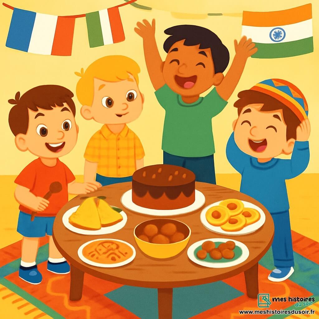 Quatre enfants partagent un goûter autour d'une grande table ronde remplie de plats colorés. Timéo, 6 ans, sourit avec une cuillère en bois, Lucas, 5 ans, regarde un gâteau avec curiosité, Amir, 7 ans, chante en levant les bras, et Samir, 6 ans, rit en essayant un chapeau coloré. En arrière-plan, des drapeaux de différentes cultures flottent et des tapis colorés sont au sol. Ils célèbrent leur amitié et la diversité à travers des mets variés.