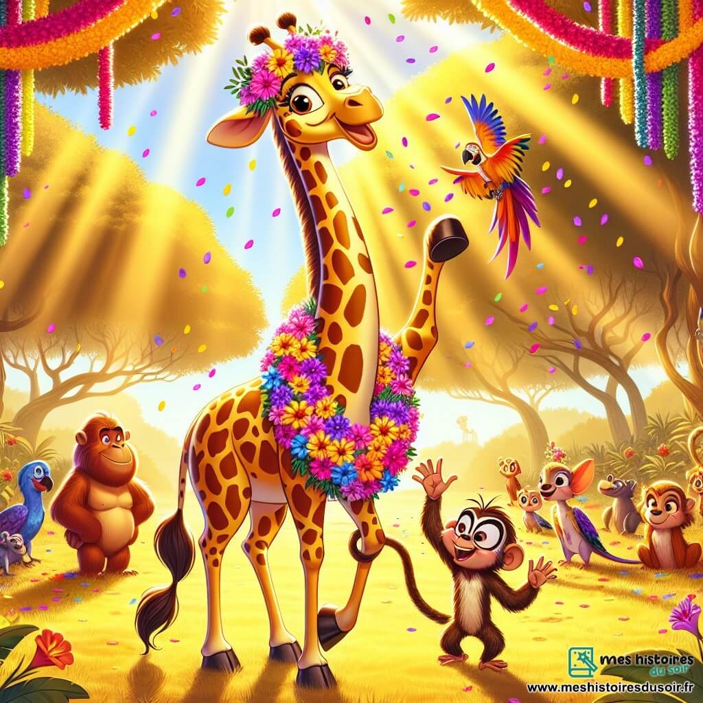 Gina, une girafe joyeuse au long cou tacheté, se tient au centre d'une clairière colorée, entourée de fleurs éclatantes. Elle sourit en levant une patte pour inviter ses amis à se joindre à elle. À sa droite, Barnabé le singe, espiègle et malicieux, fait des grimaces pour amuser les autres animaux. À gauche, Lula la perruche, avec ses plumes multicolores, vole en lançant des confettis de fleurs. La clairière est baignée de lumière dorée, avec des arbres majestueux en arrière-plan et des animaux de la jungle riant ensemble. La scène capture l'excitation d'une fête inoubliable, pleine de rires et de camaraderie.