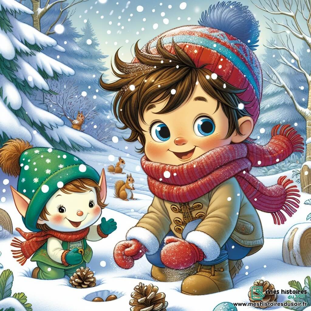 Léo, un petit garçon de 3 ans aux cheveux bruns en bataille et aux yeux curieux, joue dans la neige. Il porte une écharpe rouge, un bonnet bleu et des gants doux, souriant en levant les bras pour attraper des flocons. À ses côtés, Lumie, un lutin des neiges rond avec un bonnet vert et des oreilles pointues, montre à Léo comment ramasser des pommes de pin pour les écureuils. La scène se déroule dans une forêt enchantée, où la neige scintille sur les arbres et le sol. Léo et Lumie ramassent des pommes de pin et préparent des abris de neige pour les animaux, illustrant leur collaboration pour aider la nature en hiver.