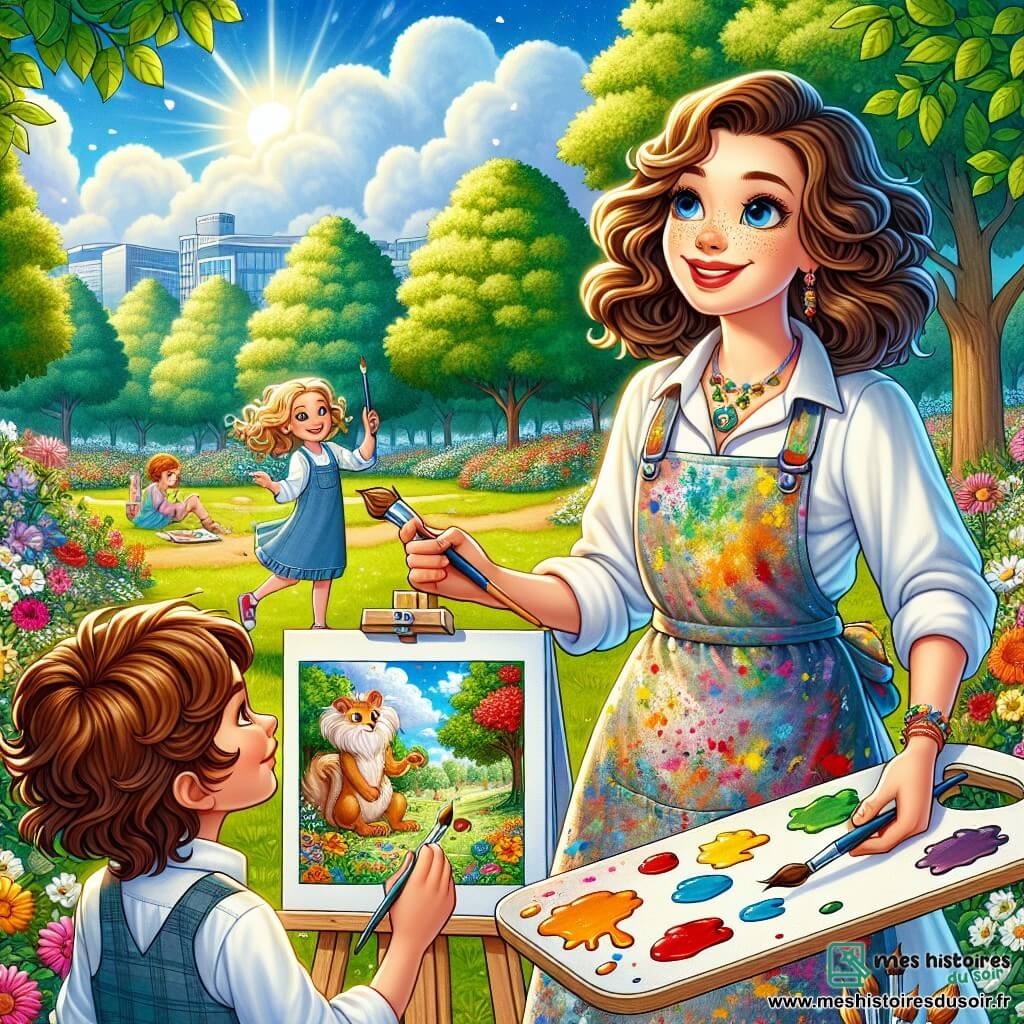 Lina, une femme d'une trentaine d'années, se tient devant une toile blanche, souriante et inspirée. Elle a de longs cheveux bruns légèrement bouclés et porte un tablier coloré taché de peinture. À ses côtés, Lucas, un garçon de 7 ans aux cheveux châtains, dessine un dragon doré, tandis qu'Emma, une fillette de 6 ans aux boucles dorées, observe avec émerveillement. La scène se déroule dans un parc ensoleillé, rempli de fleurs et d'arbres, où des enfants jouent. Lina montre à Lucas comment peindre son dragon, créant une atmosphère joyeuse et imaginative.