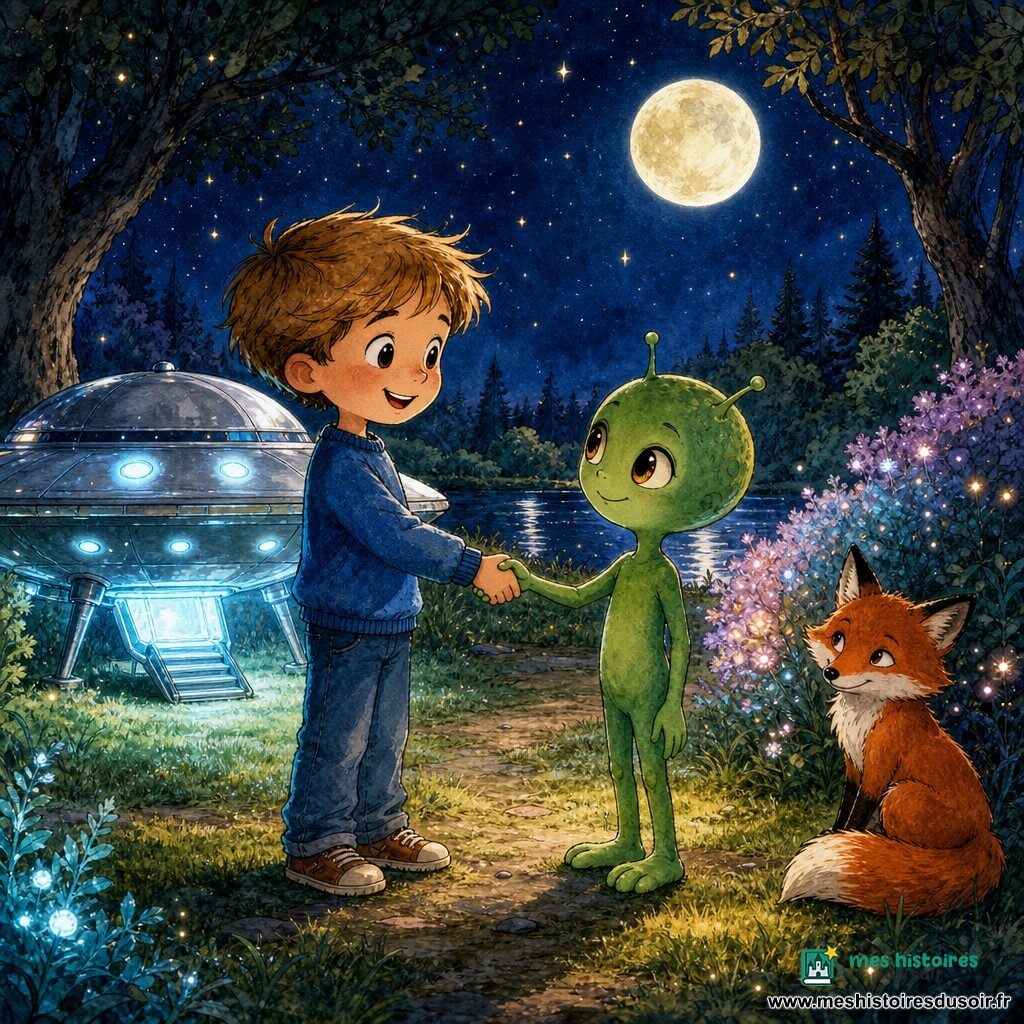 Un garçon de 6 ans, visage rond, cheveux châtain clair en bataille, yeux grands et brillants, en pull bleu et jean, tend la main en souriant vers un petit extraterrestre enfantin à la peau vert herbe, yeux ambre, antennes courtes, qui prend sa main en inclinant la tête avec bienveillance; un renard roux aux yeux malicieux est assis près d’un buisson lumineux, une soucoupe volante argentée émettant une douce lueur bleutée est posée derrière eux, et la poignée de main, éclairée par la soucoupe et la lune pleine, se déroule dans un parc nocturne d’herbe mouillée, sentiers de terre, grands arbres aux branches noires et buissons aux lueurs pastel, près d’un petit lac miroitant sous un ciel étoilé; style : traits à l’encre noire prononcés, aplats d’aquarelle douce et textures granuleuses pour l’herbe et le ciel.