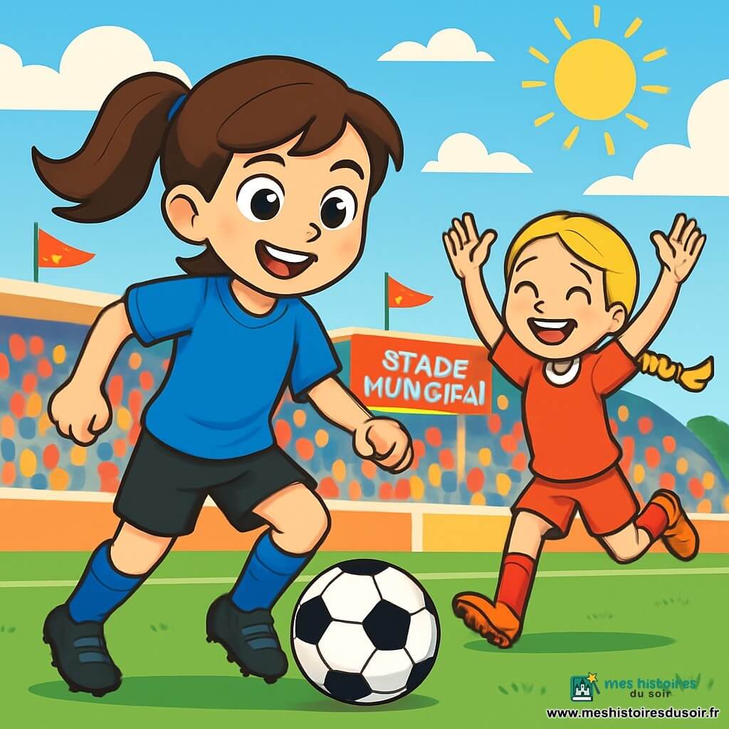 Lila, une jeune fille de 12 ans, se tient au centre de l'image, avec des cheveux bruns en queue de cheval et un sourire radieux. Elle porte un maillot bleu vif, un short noir et des crampons, prête à dribbler le ballon. Ses yeux brillent d'excitation et de détermination. À côté d'elle, Joy, également âgée de 12 ans, court sur le terrain avec des cheveux blonds tressés et un maillot rouge, levant les bras pour recevoir la passe de Lila, affichant un sourire complice. En arrière-plan, le stade municipal est rempli de spectateurs, avec des gradins colorés et des drapeaux flottants. Le ciel est bleu avec quelques nuages et le soleil brille sur le terrain vert, créant une ambiance joyeuse. Lila réalise un contrôle orienté du ballon avec agilité, tandis que Joy se prépare à recevoir la passe, symbolisant l'esprit d'équipe et la passion du football.