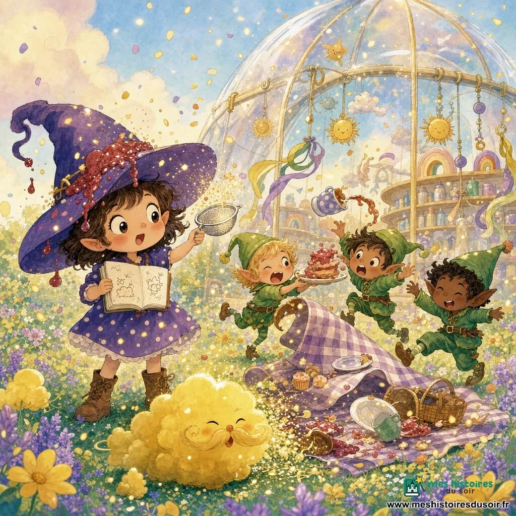 Lila, apprentie sorcière au visage rond et aux yeux curieux, porte un chapeau violet trop grand taché de confiture, une robe courte à pois et des bottes marron; joyeuse et légèrement surprise, elle tient un petit tamis d’argent et un carnet de dessins; à ses pieds roule un nuage pelucheux jaune citron, moustachu et non humain, qui éternue des étincelles; trois lutins garçons d’environ 7 ans, joufflus et coiffés de bonnets verts, rient et dansent maladroitement autour d’une nappe à carreaux renversée — l’un tient un gâteau qui glisse, un autre tente de rattraper une tasse; au centre d’une prairie se dresse un dôme météo, bulle transparente aux murs brillants comme du sucre, avec étagères d’arcs‑en‑ciel pliés, mini‑soleils suspendus et crochets à rubans de vent; la scène montre un goûter chamboulé et amusant: confettis lumineux tombant comme des lucioles, pluie de pollen doré, nappe qui s’envole, cascade de confiture sur le chapeau de Lila pendant qu’elle tamise doucement les confettis pour calmer la magie; style visuel: encre colorée, traits fins et contours doux, palette chaude et lumineuse (jaune citron, violet, vert menthe, or), textures pastel et brillance subtile pour les confettis.