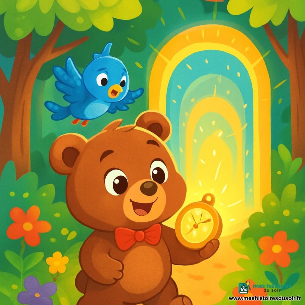 Un petit ours brun nommé Oscar, curieux et souriant, se tient devant un portail magique lumineux. Il est rond et moelleux, avec un petit nœud rouge autour du cou, regardant avec excitation la montre brillante dans ses pattes. À ses côtés, un oiseau bleu vif nommé Lila vole joyeusement, prête à l'accompagner. La scène se déroule dans une forêt enchantée, avec des arbres majestueux et des fleurs multicolores. Oscar, à la fois excité et émerveillé, s'apprête à franchir le portail magique pour découvrir un monde d'aventures incroyables.