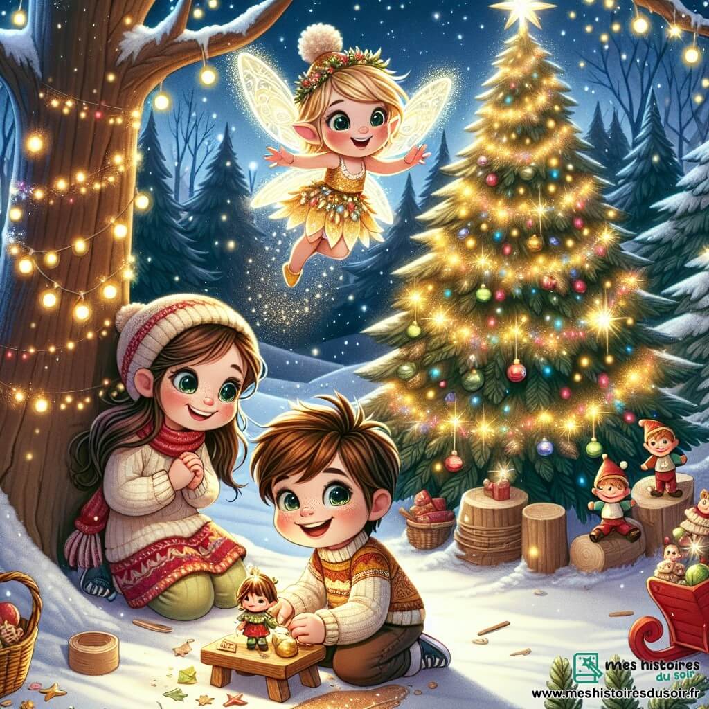 Dans une clairière enchantée, sous un grand sapin illuminé de guirlandes, trois personnages principaux se trouvent. Julien, un garçon de 8 ans aux cheveux châtains, est assis par terre, souriant, en train de fabriquer un jouet en bois avec des lutins. À côté de lui, Étoile, une petite fée de Noël aux cheveux dorés, vole joyeusement au-dessus de lui. Clara, la sœur de Julien, âgée de 6 ans, est debout à côté de son frère, émerveillée, tenant un traîneau en bois rouge. La clairière est recouverte de neige scintillante, avec des flocons tombant du ciel étoilé et des arbres ornés de lumières colorées, créant une ambiance magique. Julien et Étoile partagent des rires, tandis que Clara admire son frère, tous unis dans l’esprit de Noël et la magie de l’amitié.