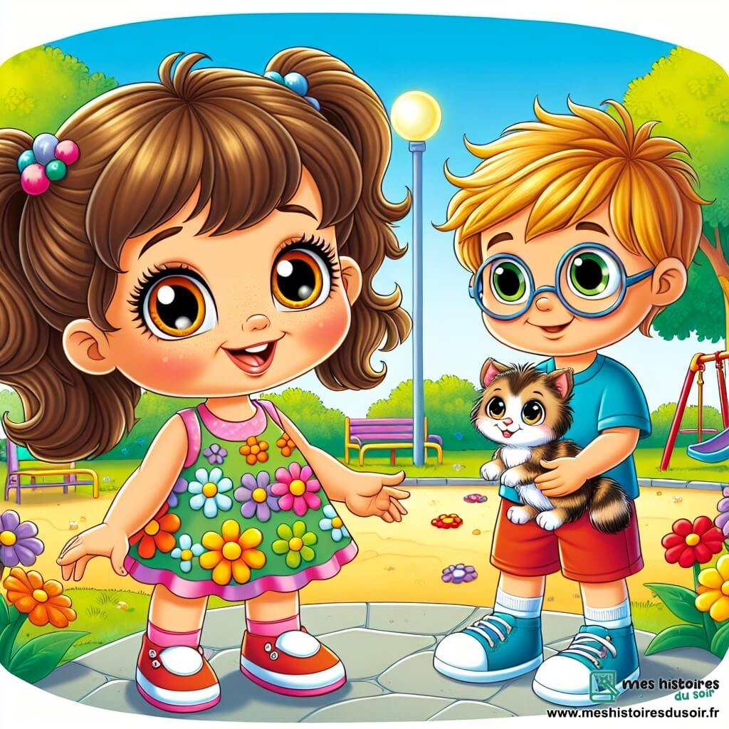 Une petite fille de 5 ans, Louise, se tient au centre de l'image, avec de grands yeux brillants et un sourire chaleureux. Elle a des cheveux bruns bouclés attachés en deux petites couettes et porte une robe colorée à fleurs. Louise semble joyeuse mais un peu inquiète, regardant son ami Max. Max, un garçon de 6 ans avec des cheveux blonds en bataille et des lunettes rondes, se trouve à côté d'elle. Il a un air espiègle, avec un sourire malicieux, et porte un t-shirt bleu et un short rouge. Il tient un petit chaton dans ses bras, le regardant avec tendresse. La scène se déroule dans une cour de récréation ensoleillée, entourée de grands arbres et de jeux colorés. Louise et Max discutent de l'importance de l'honnêteté, tandis que le chaton, Momo, les regarde avec curiosité.