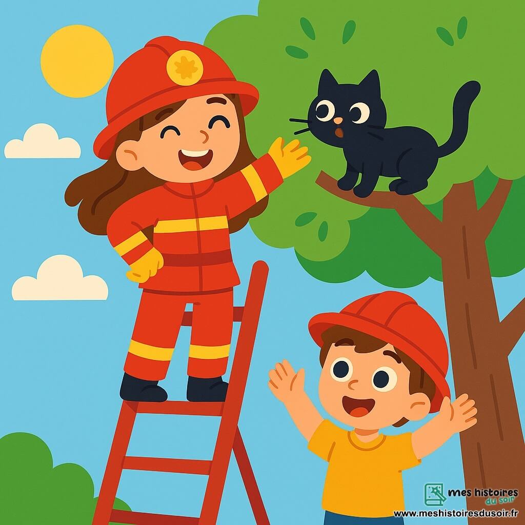 Une pompierette courageuse, Camille, se tient fièrement en haut d'une échelle rouge, souriante. Elle porte un uniforme rouge, un casque brillant avec un petit soleil doré, et ses longs cheveux bruns flottent au vent. À côté d'elle, Lucas, un petit garçon de 6 ans aux grands yeux curieux, applaudit avec enthousiasme, portant une casquette de pompier. La scène se déroule devant un grand arbre majestueux où un petit chat noir est perché, miaulant doucement. Le ciel est bleu et ensoleillé avec quelques nuages. Camille sauve le petit chat coincé dans l'arbre, tandis que Lucas l'observe avec admiration.