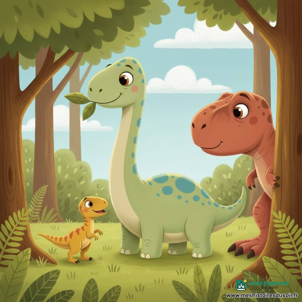Un diplodocus souriant et doux, grand, peau vert pâle tachetée de bleu, grands yeux ronds, long cou courbé mangeant de grandes feuilles, au centre; un petit vélociraptor vif et joyeux jaune moutarde à rayures orange, près de ses pattes comme pour l'inviter à jouer; un tyrannosaure rouge brique un peu triste mais attendri, caché derrière un tronc à droite (seule la tête et une patte visibles); clairière ensoleillée de forêt préhistorique avec herbe verte, fougères, troncs épais et ciel bleu avec nuages; scène de cache-cache chaleureuse, couleurs vives, formes rondes, texture gouache visible, composition centrée sur le diplodocus pour évoquer douceur et amitié.