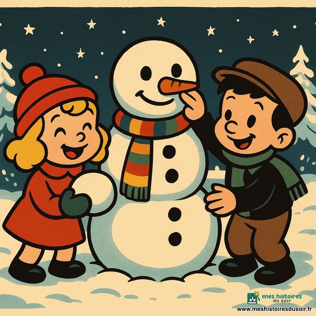Deux personnages principaux sont présents : Léa, une fillette de 6 ans avec des cheveux blonds bouclés et un bonnet rouge, rit en tenant une boule de neige. Elle est à gauche de l'image. Tom, un garçon de 6 ans avec des cheveux bruns et une écharpe verte, sourit en tapotant le nez en carotte du bonhomme de neige, se tenant à droite de Léa. La scène se déroule dans un jardin enneigé, avec un sol recouvert de neige scintillante, des arbres chargés de neige et un ciel étoilé. Léa et Tom construisent un bonhomme de neige au centre, avec une écharpe colorée et des boutons en charbon. Les lumières des maisons en arrière-plan clignotent doucement, créant une ambiance chaleureuse et festive.